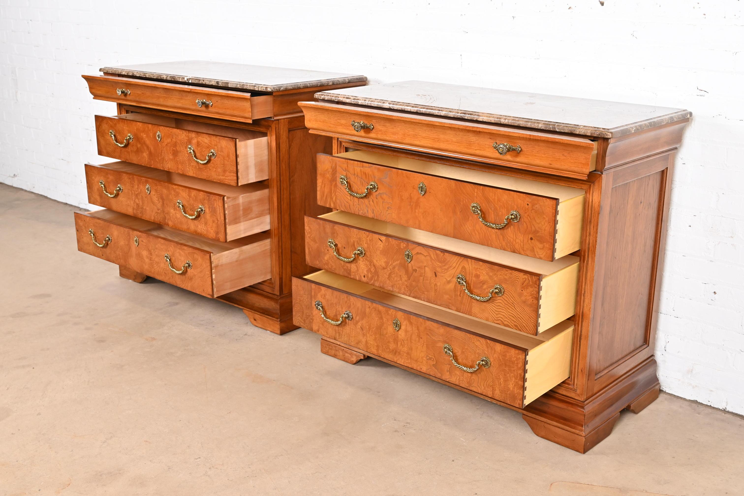 Brass Thomasville French Louis Philippe Burlwood Marble Top Four-Drawer Dresser Chests For Sale