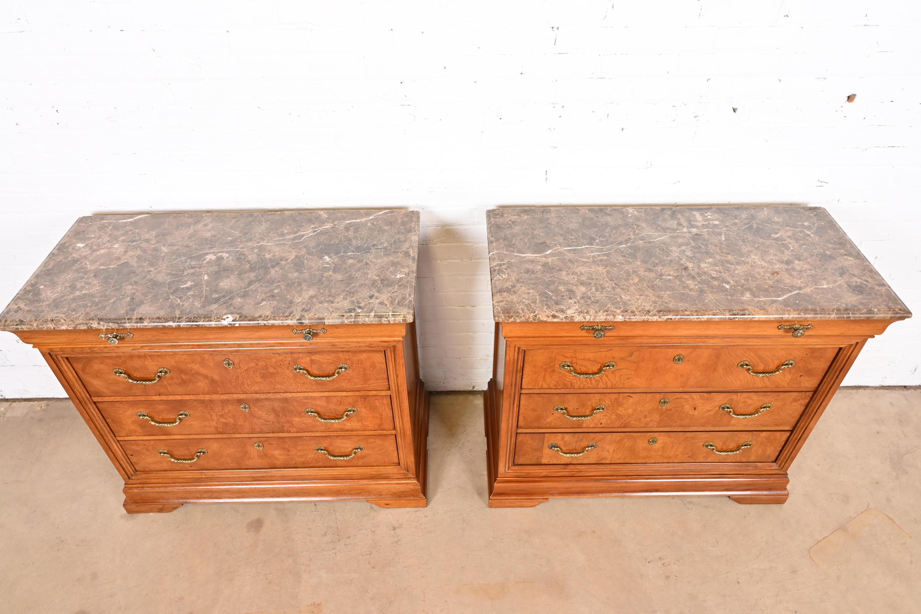 Thomasville French Louis Philippe Burlwood Marble Top Four-Drawer Dresser Chests For Sale 2