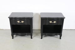 Thomasville French Provincial Black Lacquered Nightstands, Pair
