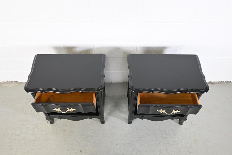 Thomasville French Provincial Black Lacquered Nightstands, Pair For