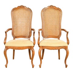 Thomasville French Provincial Louis XV Carved Walnut and Cane Back Armchairs