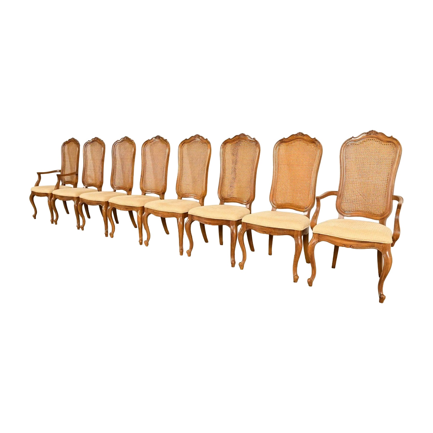 Thomasville French Provincial Louis XV Carved Walnut and Cane Back Dining Chairs