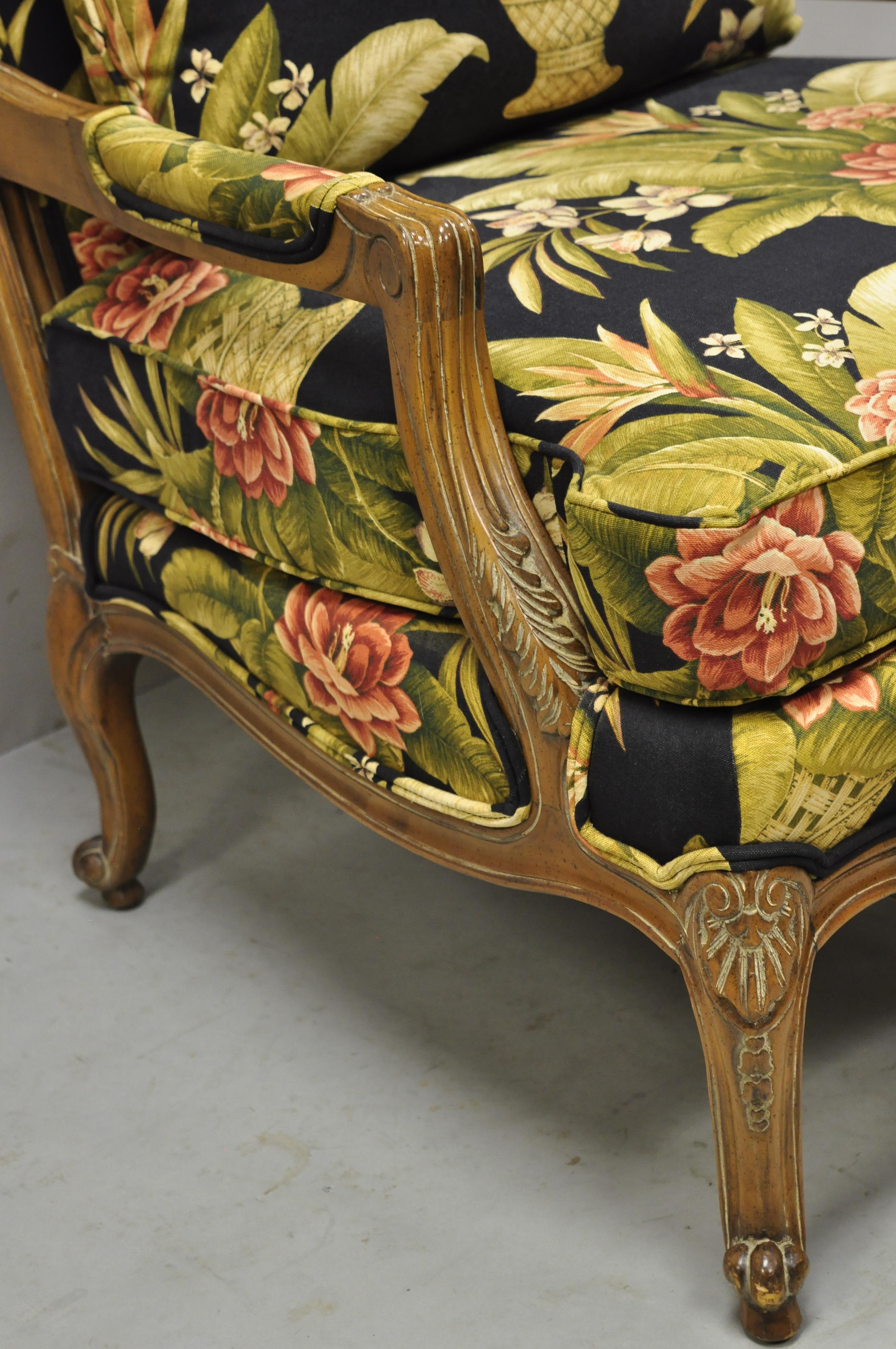Fabric Thomasville French Provincial Louis XV Navy Blue Green Bergere Lounge Arm Chair