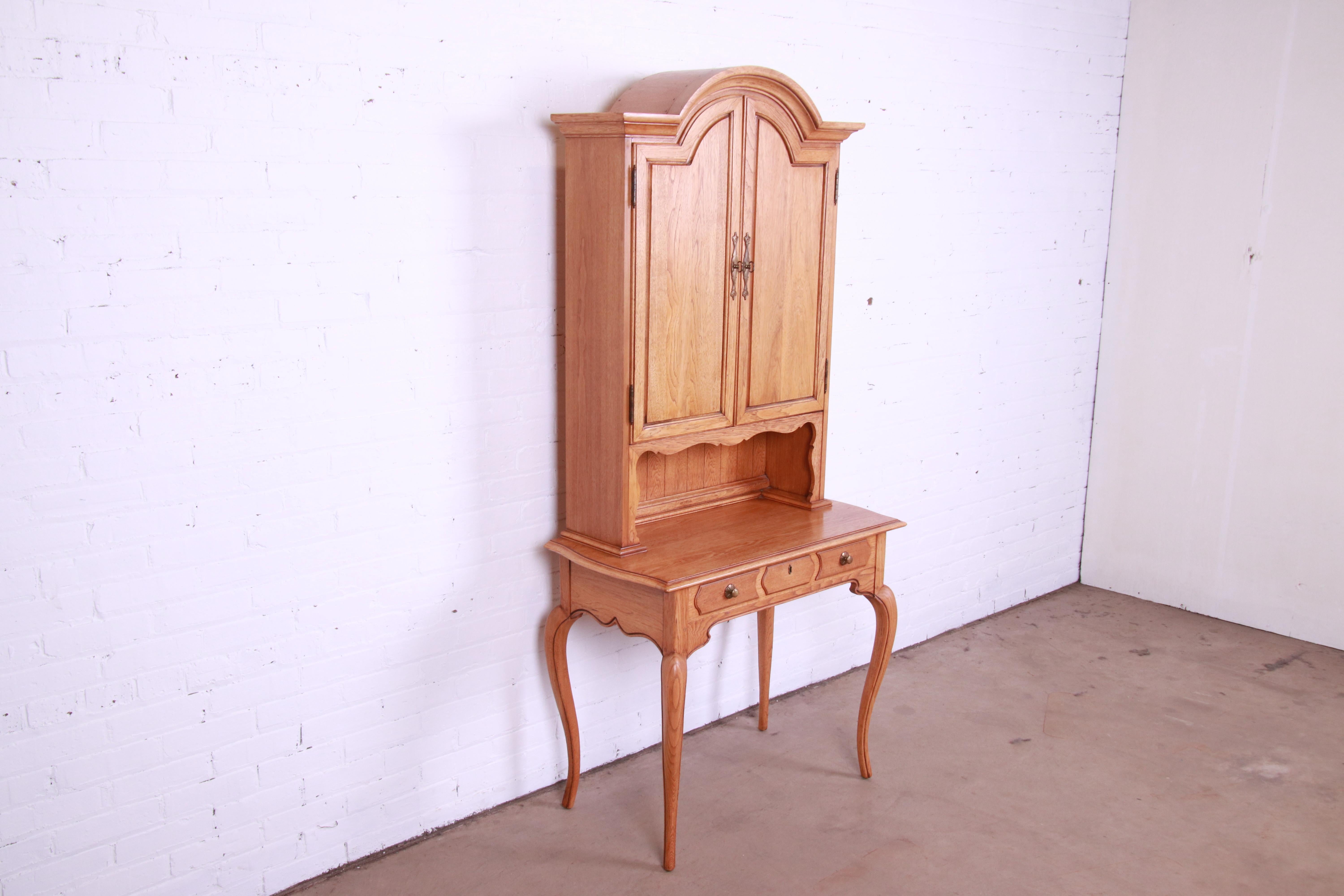 American Thomasville French Provincial Louis XV Oak Writing Desk with Bookcase Hutch Top For Sale