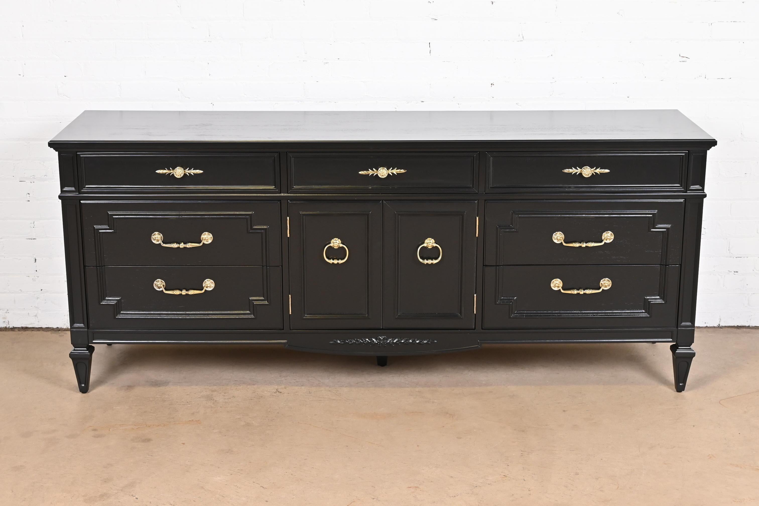 American Thomasville French Regency Louis XVI Black Lacquered Dresser, Newly Refinished For Sale