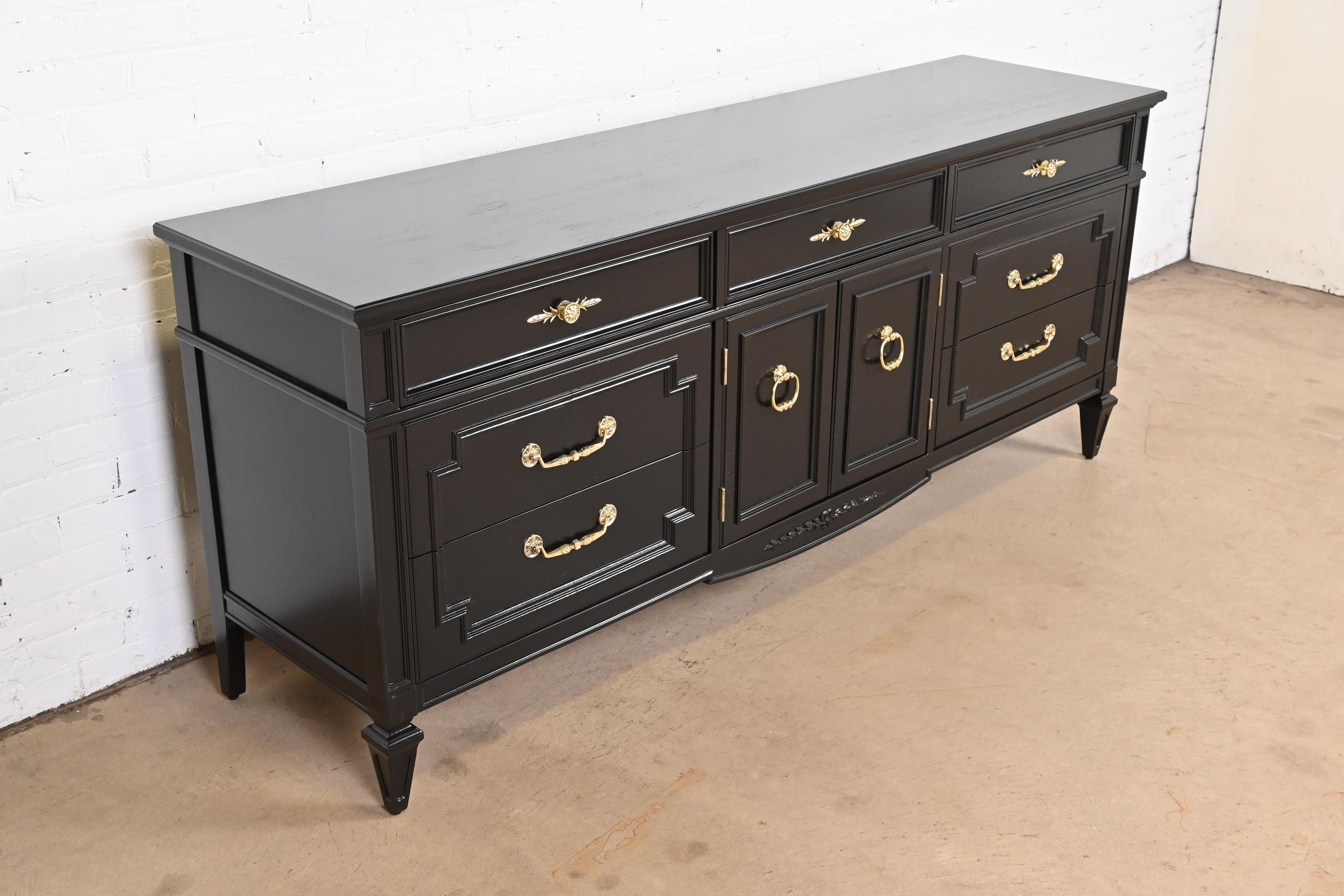 Brass Thomasville French Regency Louis XVI Black Lacquered Dresser, Newly Refinished For Sale