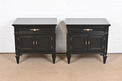 Thomasville French Regency Louis XVI Black Lacquered Nightstands, Refinished