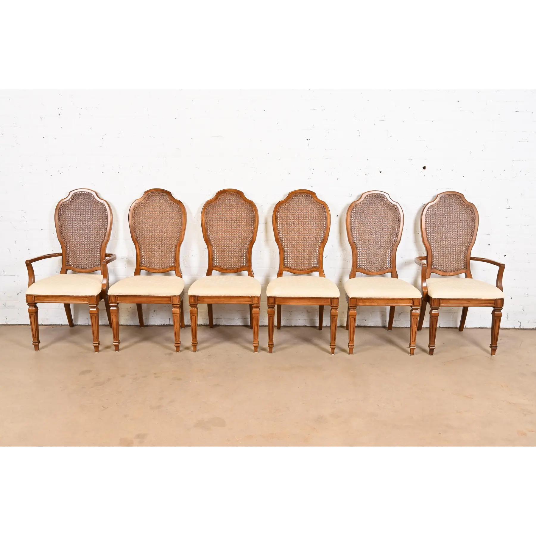 American Thomasville French Regency Louis XVI Carved Cherry Wood Cane Back Dining Chairs For Sale