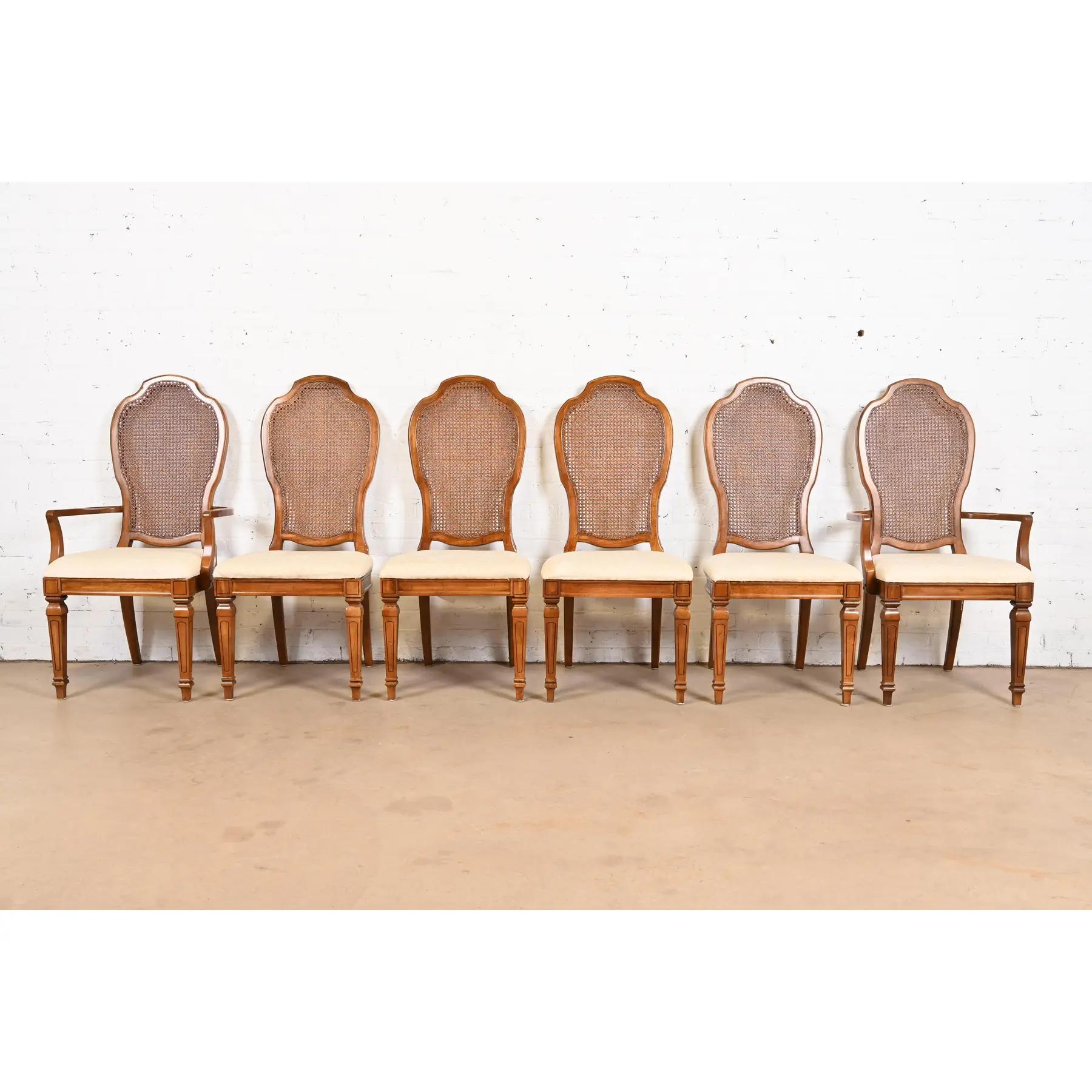 Thomasville French Regency Louis XVI Carved Cherry Wood Cane Back Dining Chairs In Good Condition For Sale In South Bend, IN