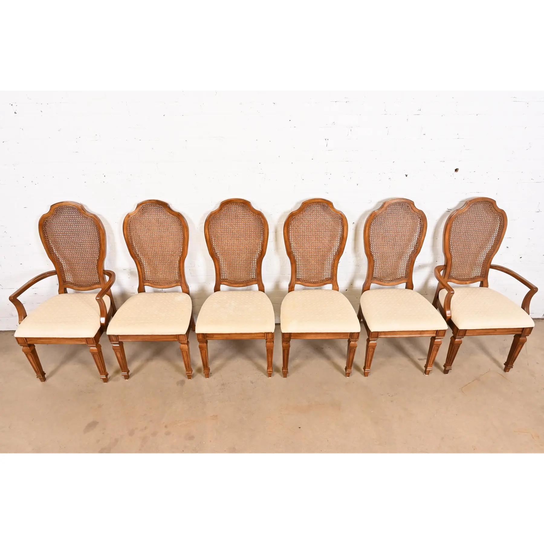 Upholstery Thomasville French Regency Louis XVI Carved Cherry Wood Cane Back Dining Chairs For Sale