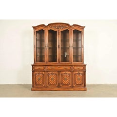 Thomasville French Regency Louis XVI Carved Walnut Lighted Breakfront Bookcase