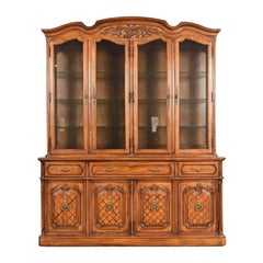 Thomasville French Regency Louis XVI Carved Walnut Lighted Breakfront Bookcase