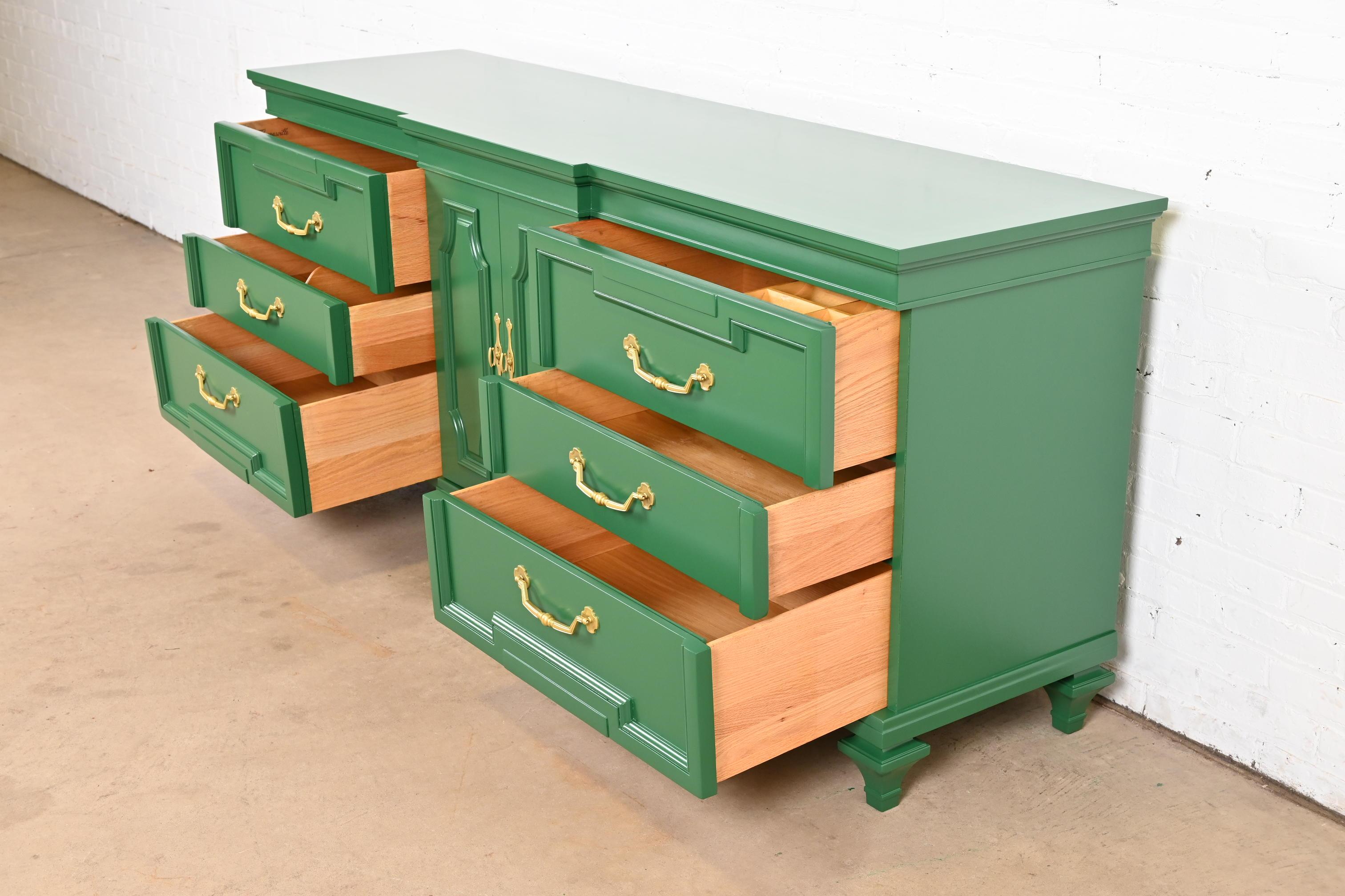 Brass Thomasville French Regency Louis XVI Green Lacquered Dresser or Credenza