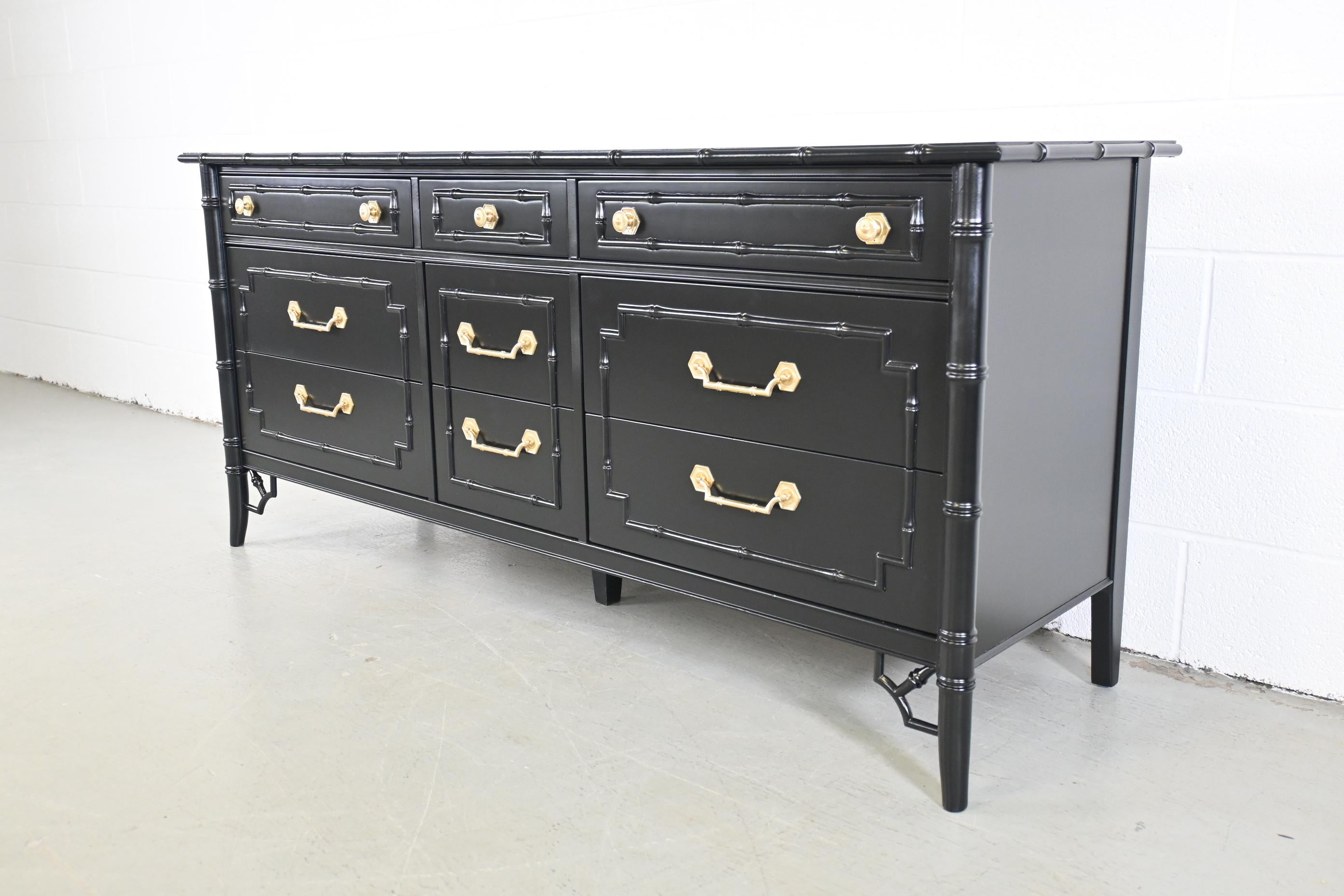 Hollywood Regency Thomasville Furniture Faux Bamboo Black Lacquered Dresser
