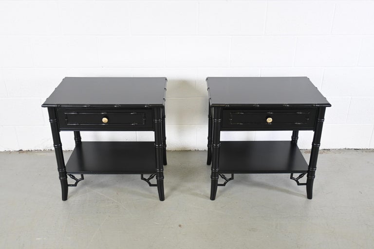 Thomasville Furniture Faux Bamboo Black Lacquered Nightstands, a Pair