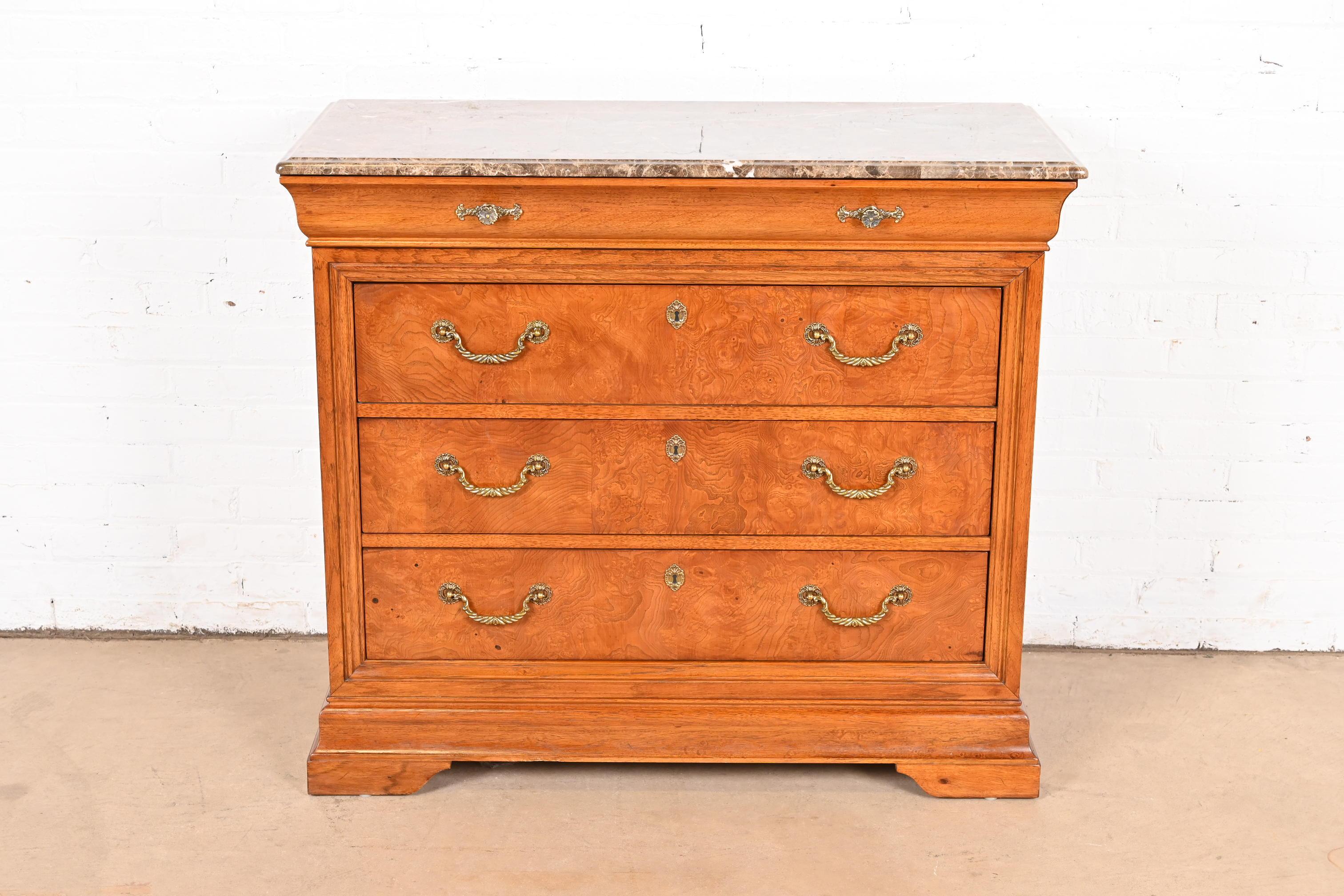 Empire Thomasville Georgian Burled Walnut Marble Top Four-Drawer Dresser For Sale