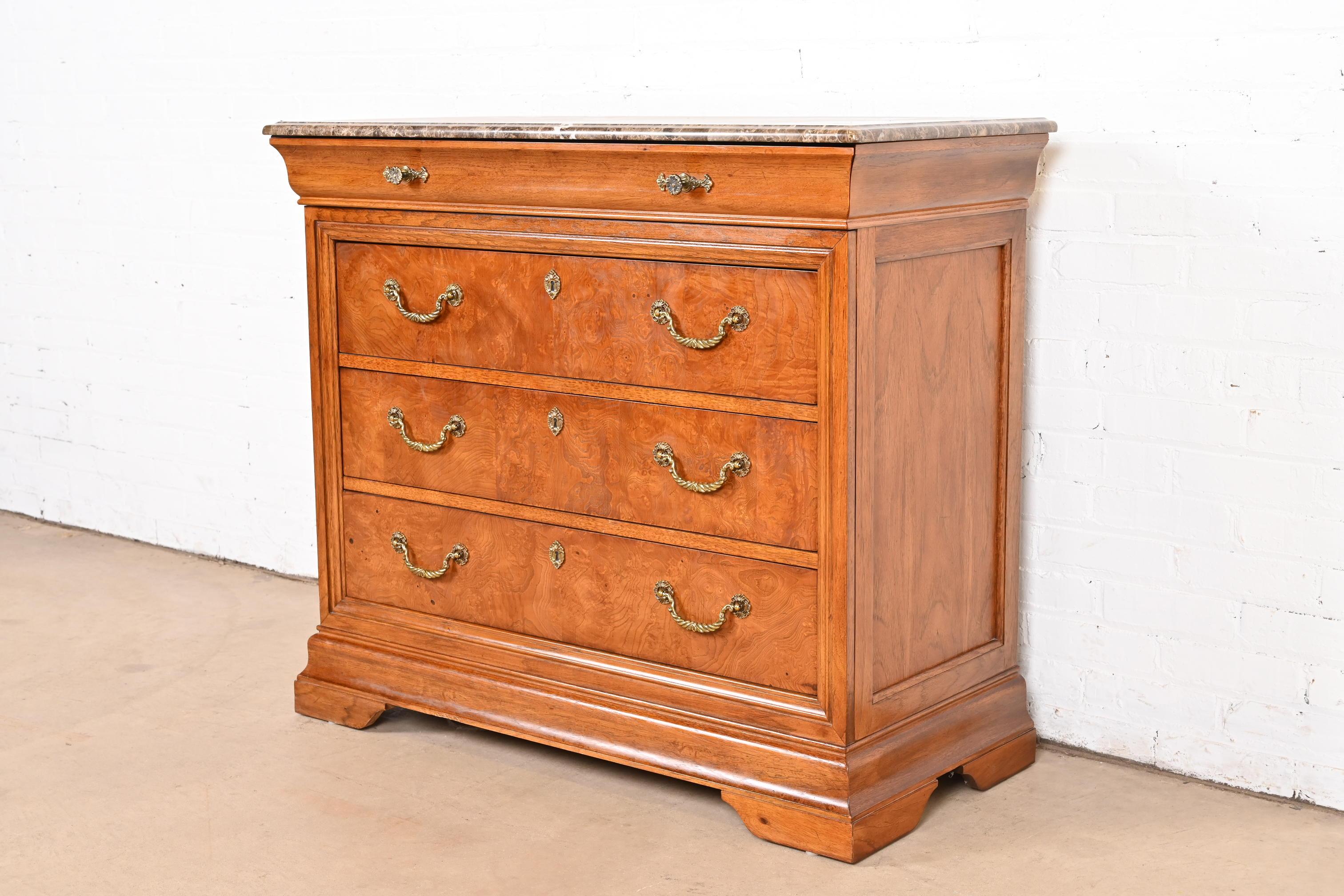 American Thomasville Georgian Burled Walnut Marble Top Four-Drawer Dresser For Sale