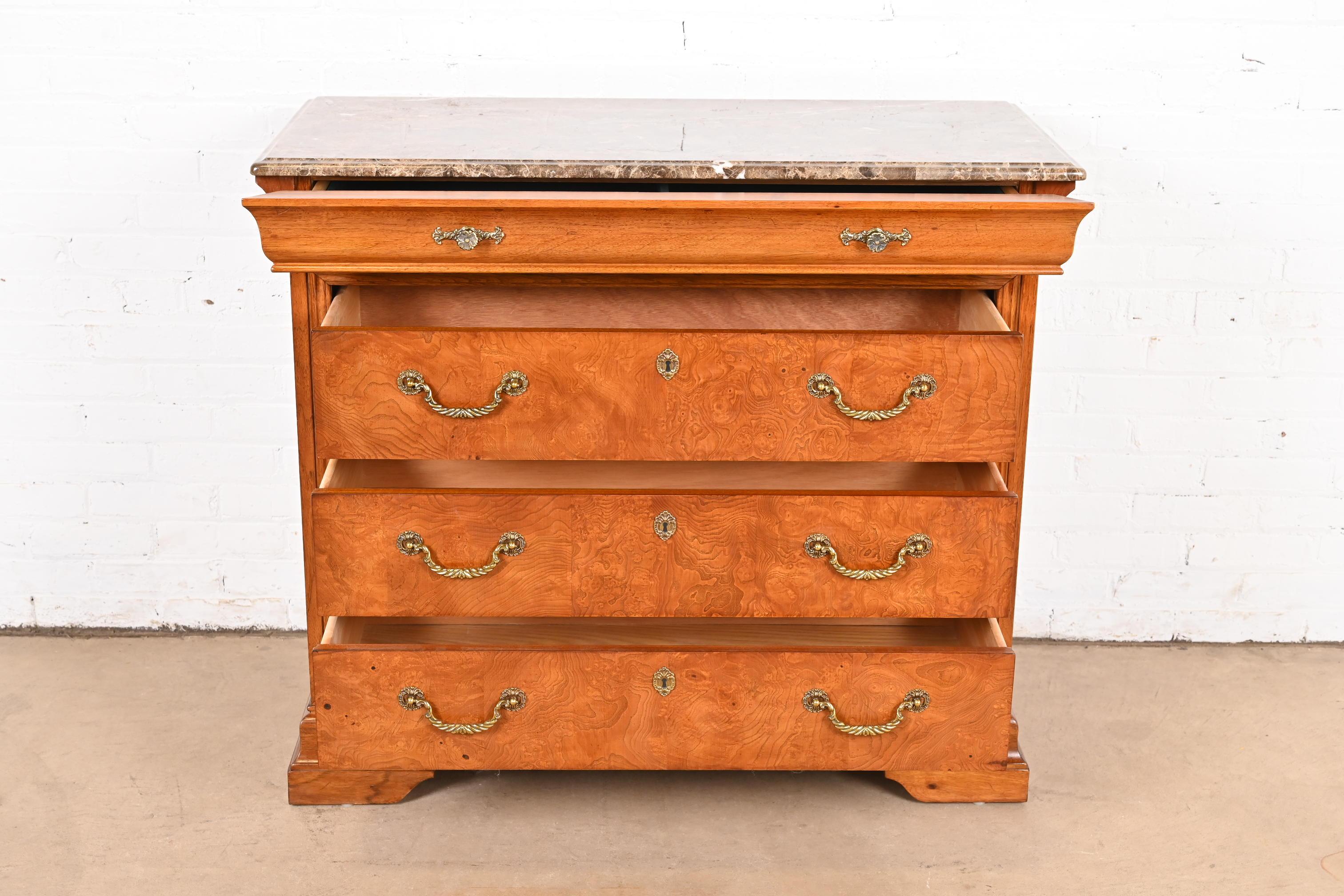 20th Century Thomasville Georgian Burled Walnut Marble Top Four-Drawer Dresser For Sale