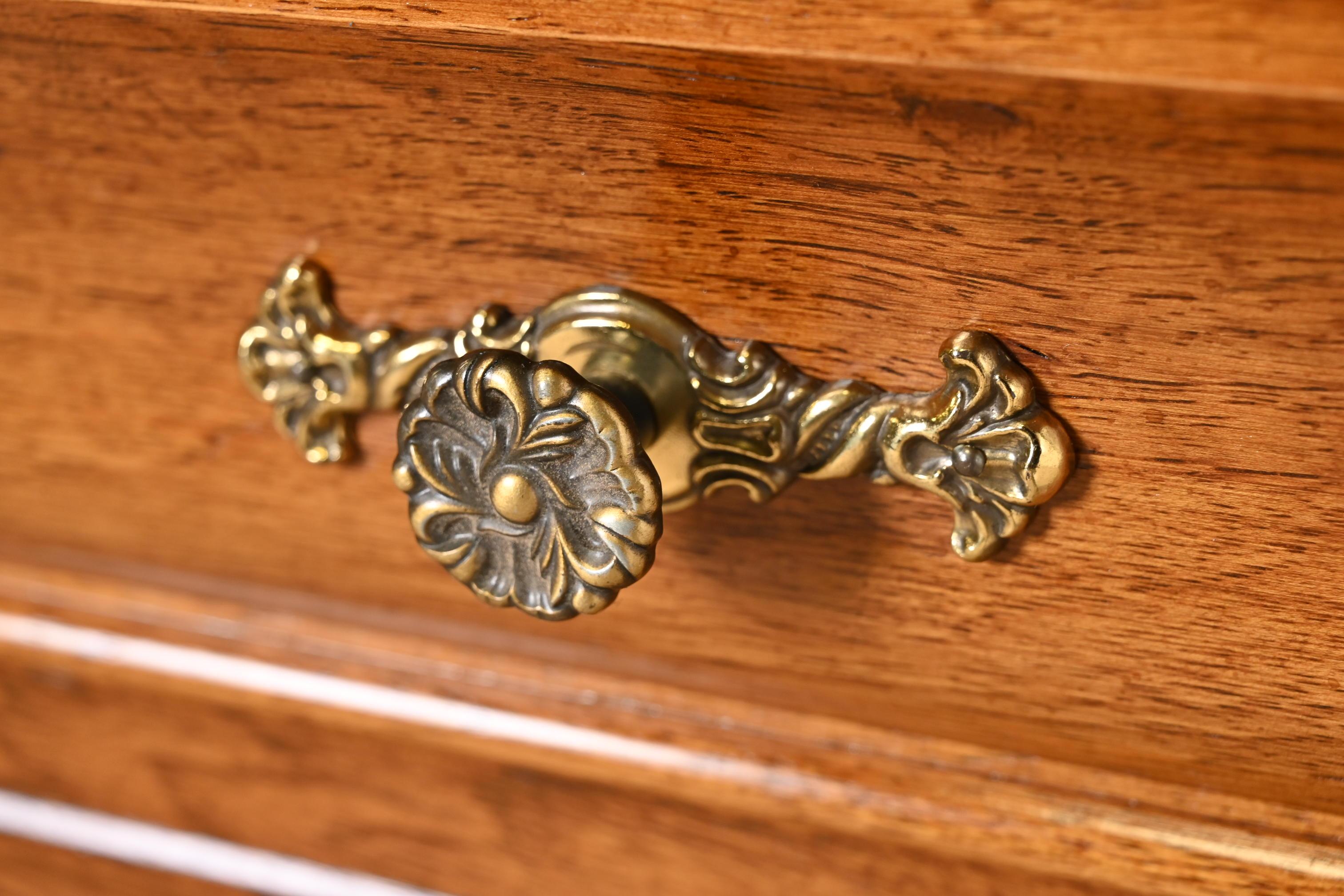 Brass Thomasville Georgian Burled Walnut Marble Top Four-Drawer Dresser For Sale