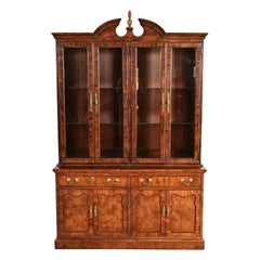 Thomasville Georgian Carved Mahogany Lighted Breakfront Bookcase Cabinet