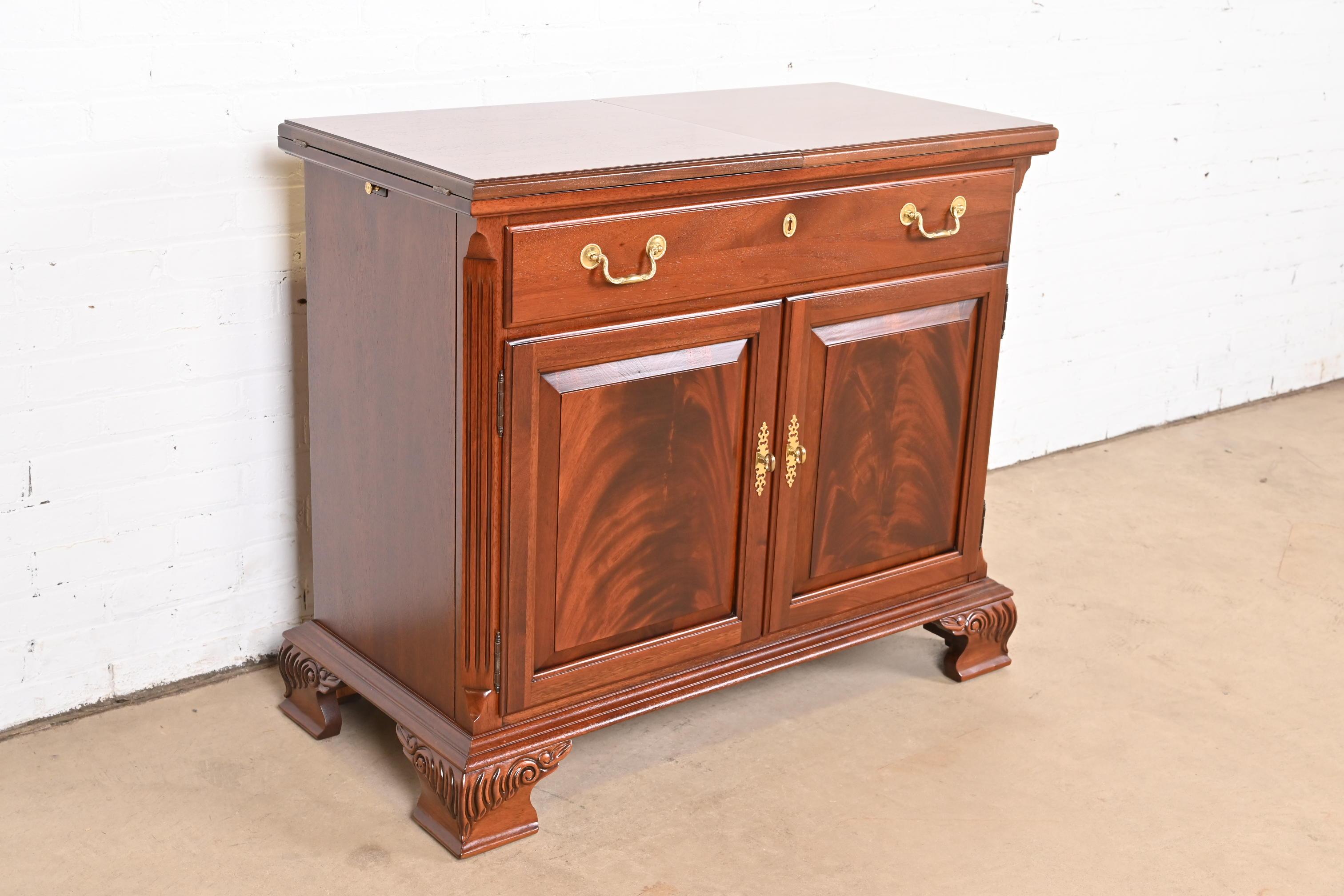 Brass Thomasville Georgian Flame Mahogany Flip Top Server or Bar Cabinet, Refinished For Sale
