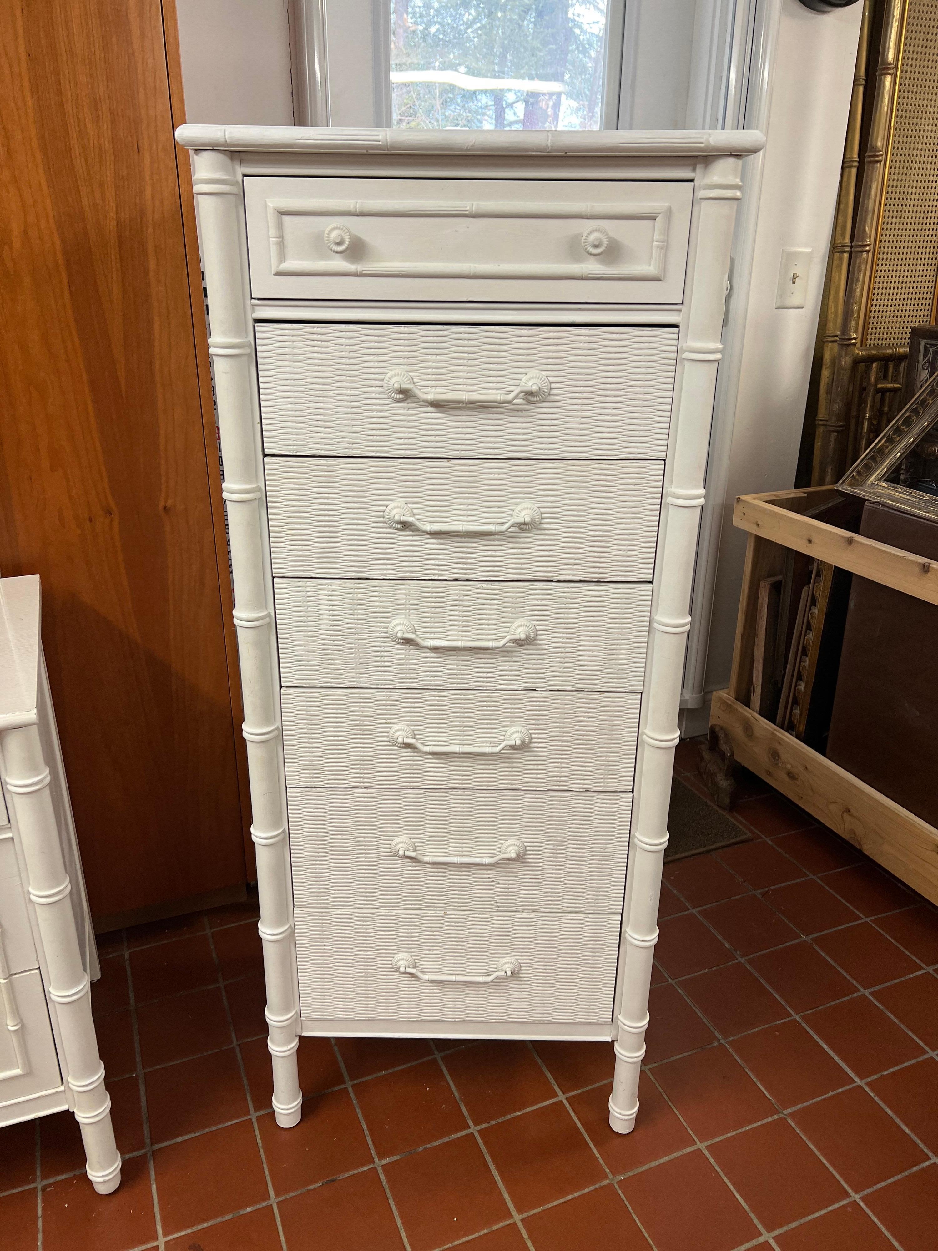 Vintage Thomasville Allegro Style Faux bamboo chest of drawers. Perfect as a semanier/lingerie chest or large jewelry dresser for a closet or dressing room. It would even work as a dresser in a baby’s room. This comes in a painted white finish with