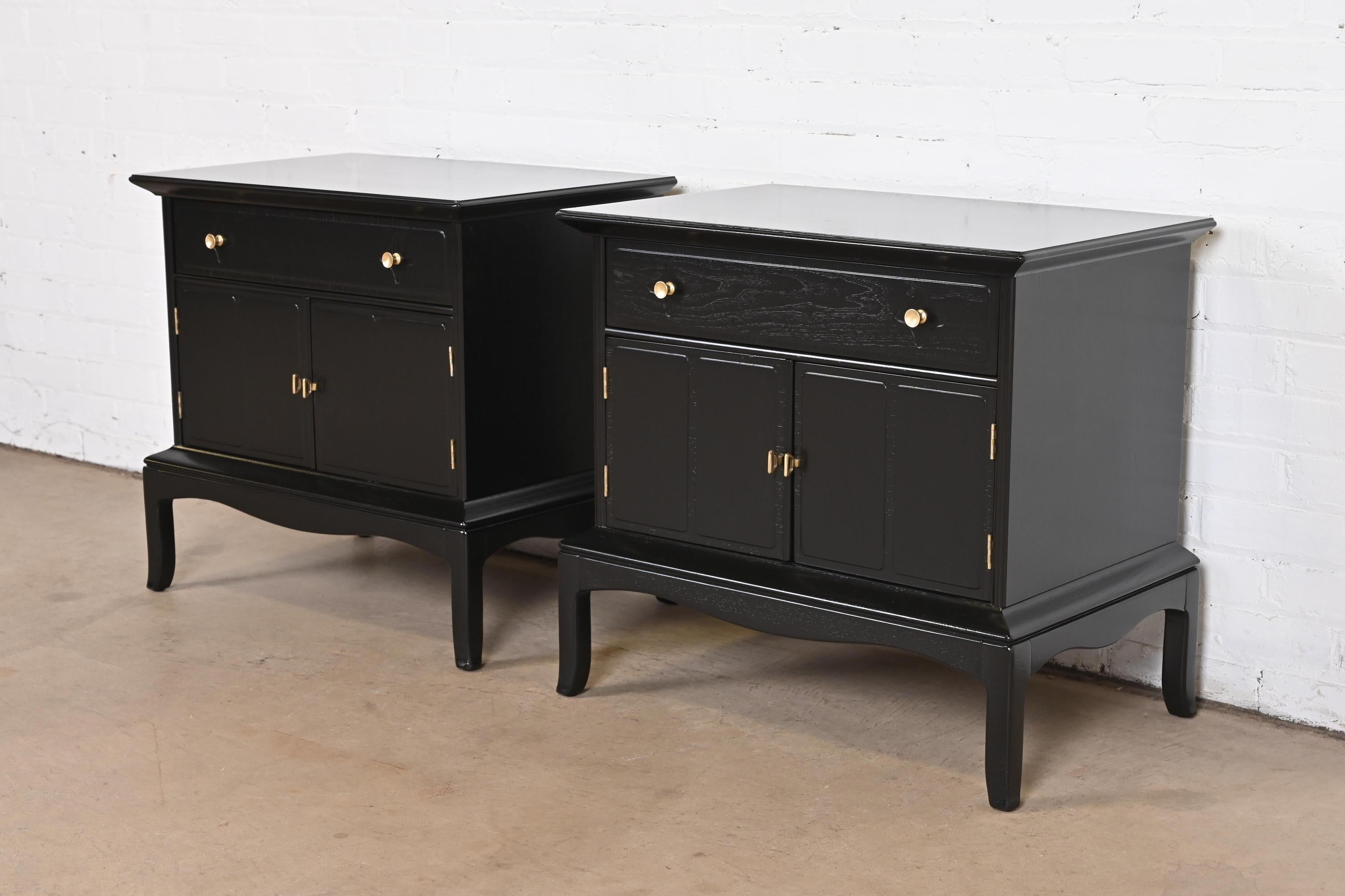 American Thomasville Hollywood Regency Black Lacquered Nightstands, Newly Refinished