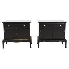 Thomasville Hollywood Regency Black Lacquered Nightstands, Newly Refinished