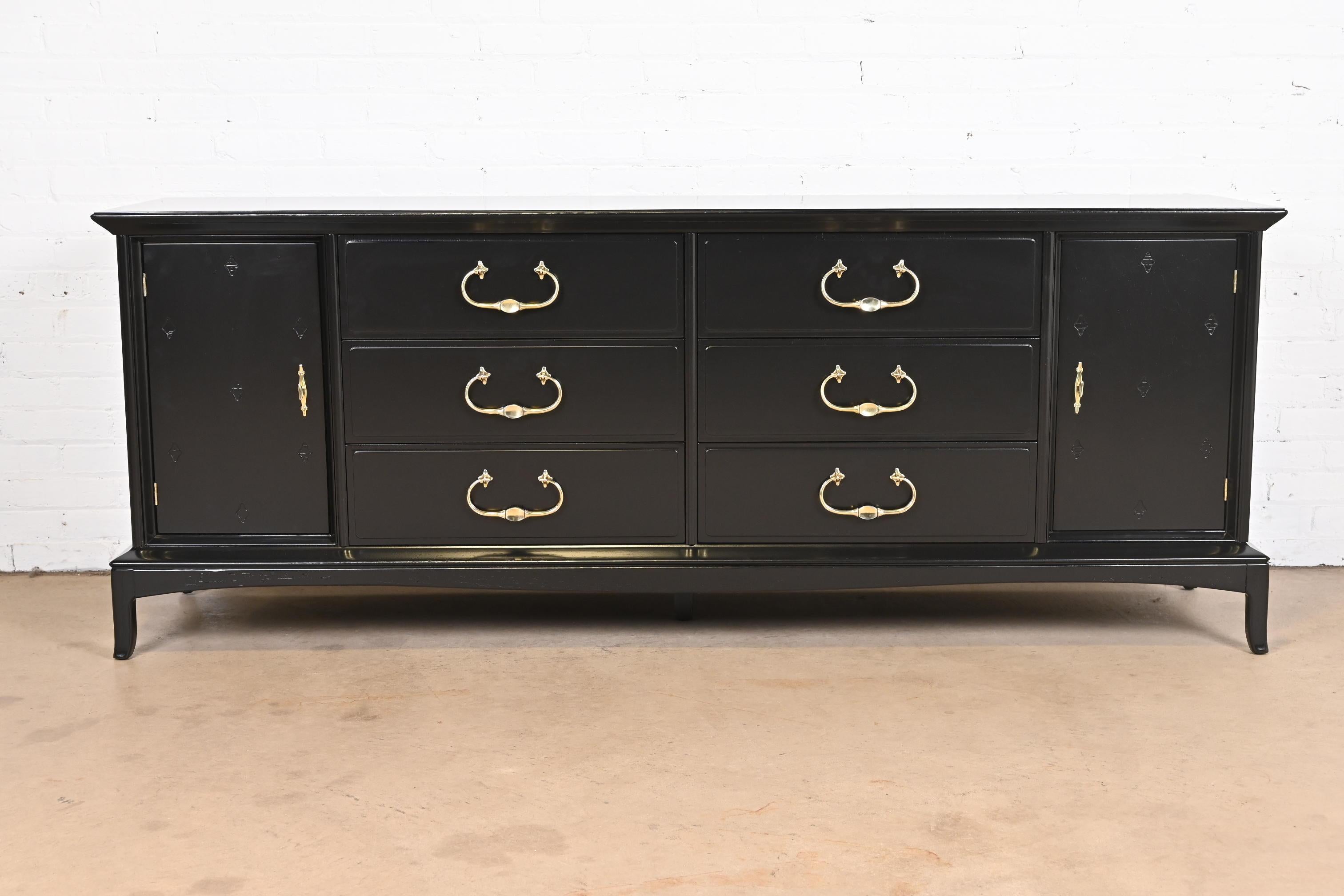 Mid-Century Modern Thomasville Hollywood Regency Chinoiserie Black Lacquered Dresser, Refinished