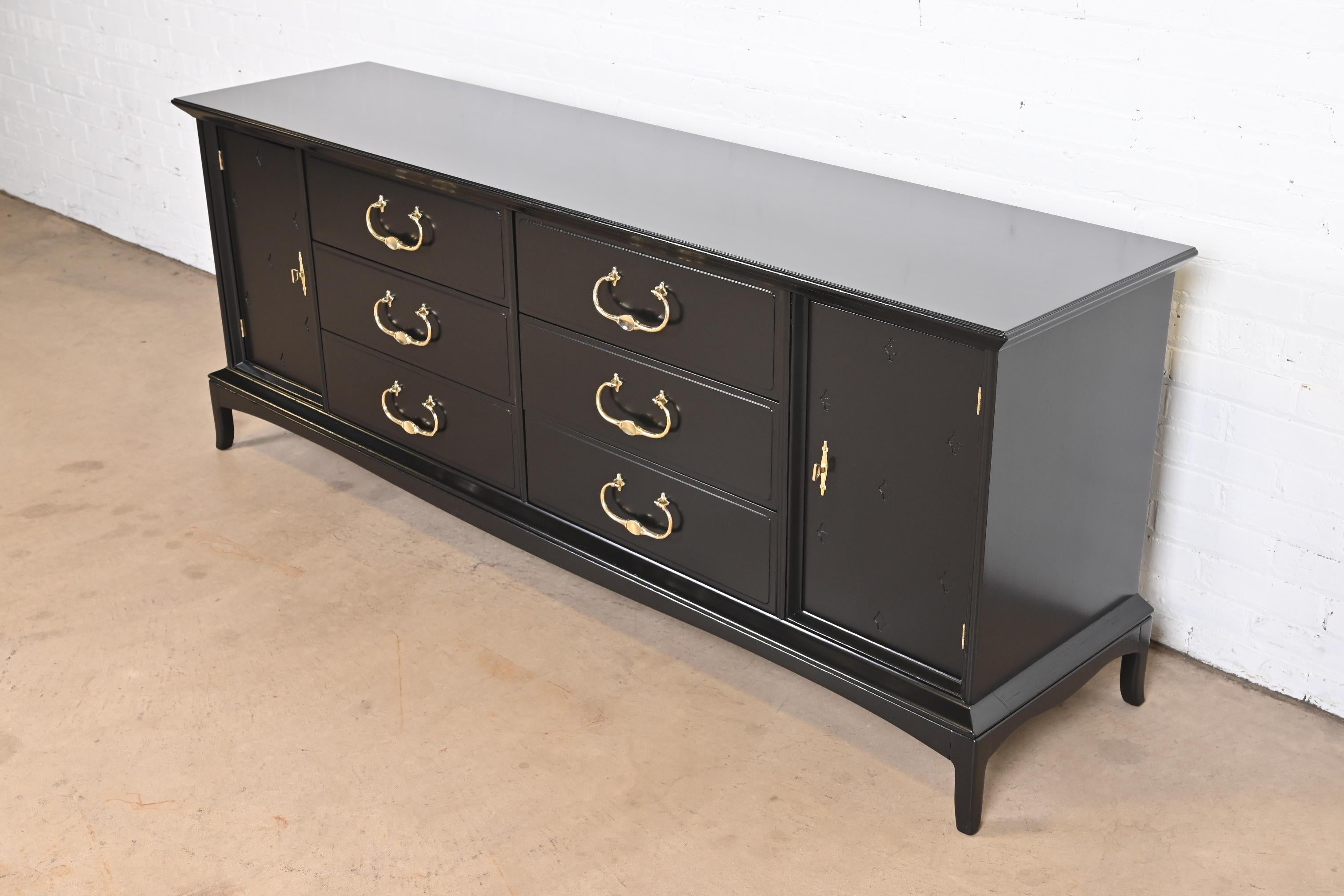American Thomasville Hollywood Regency Chinoiserie Black Lacquered Dresser, Refinished