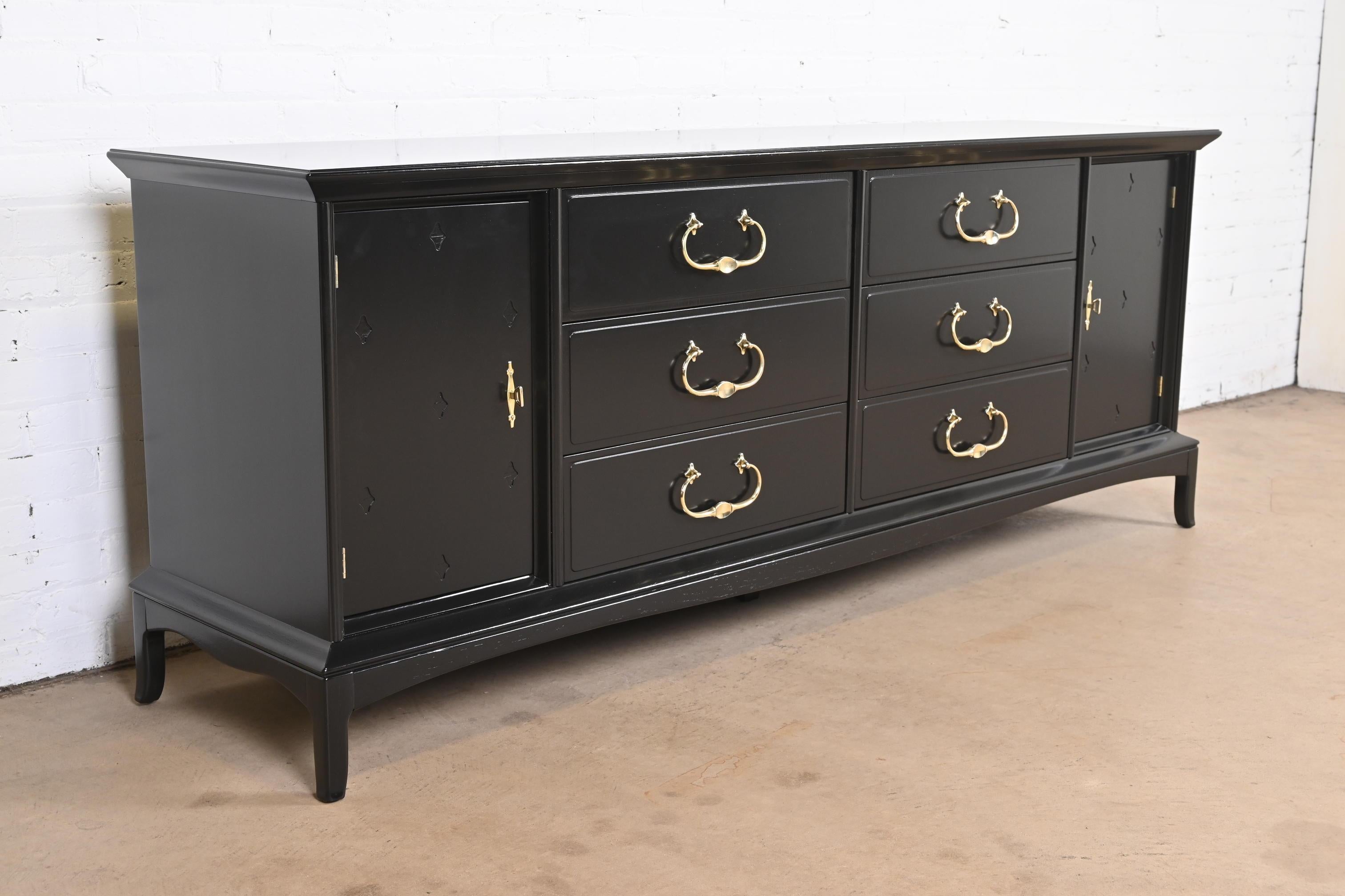 Brass Thomasville Hollywood Regency Chinoiserie Black Lacquered Dresser, Refinished