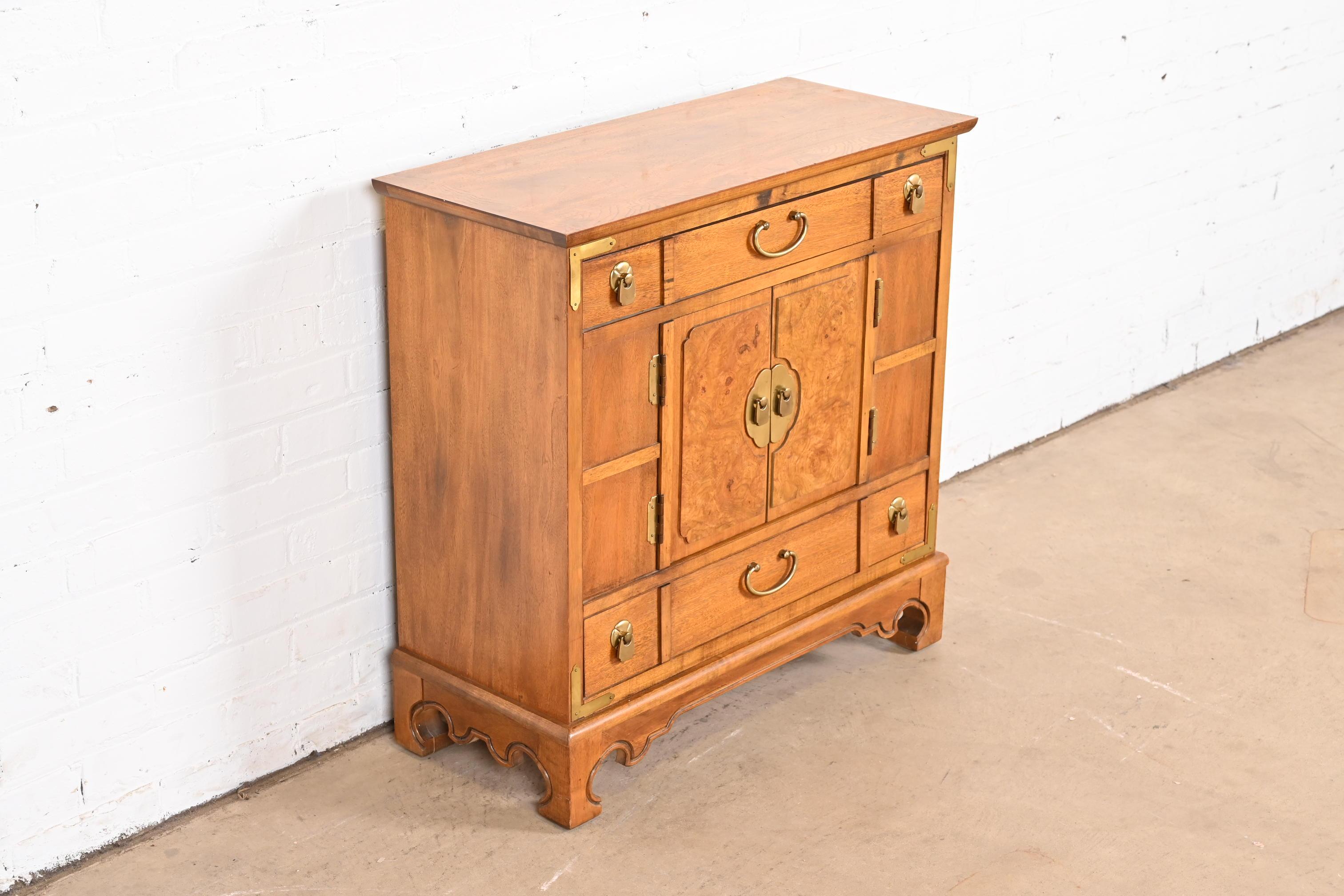 American Thomasville Hollywood Regency Chinoiserie Burl Wood Commode or Bar Cabinet For Sale