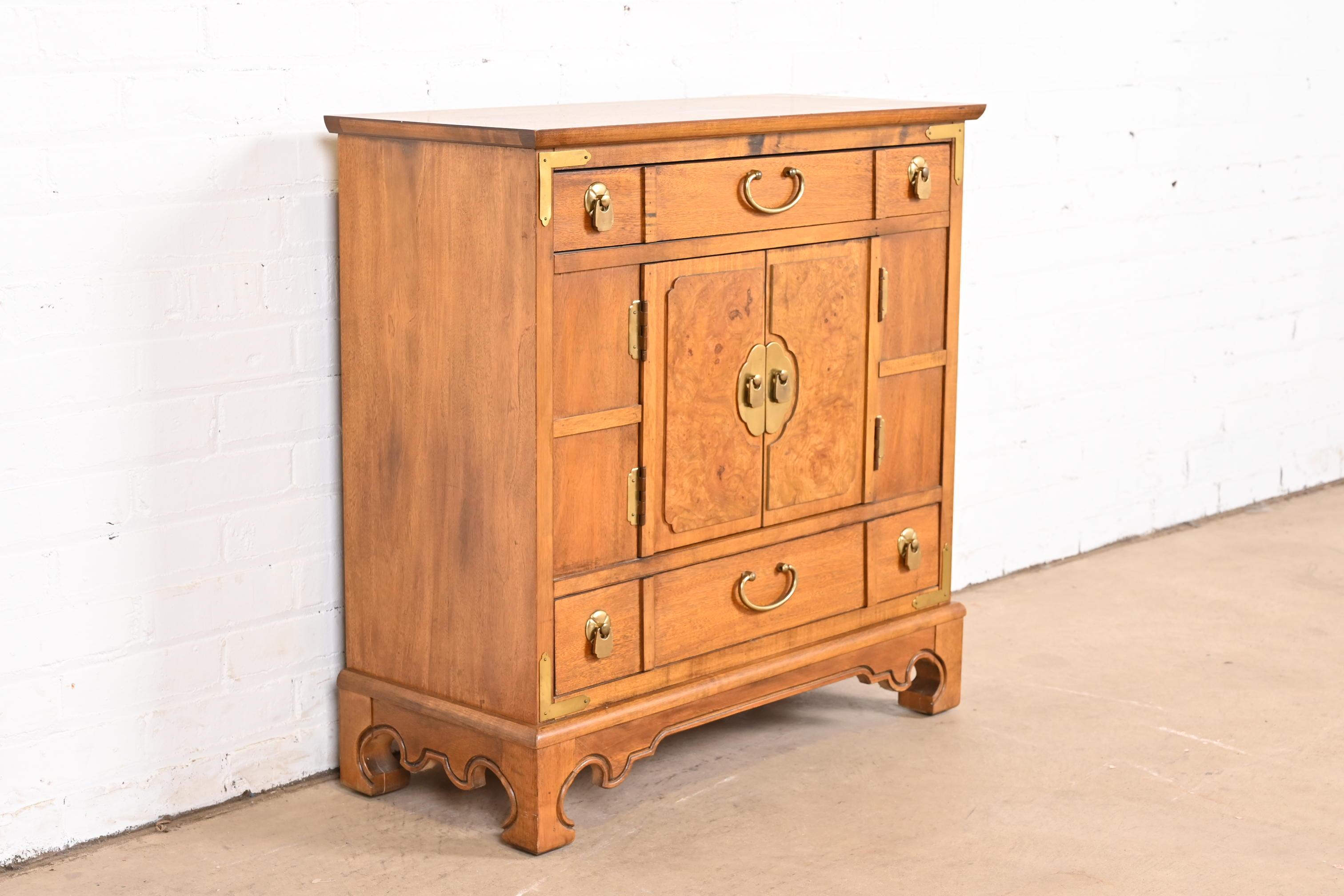 Mid-Century Modern Thomasville Hollywood Regency Chinoiserie Burl Wood Commode or Bar Cabinet For Sale