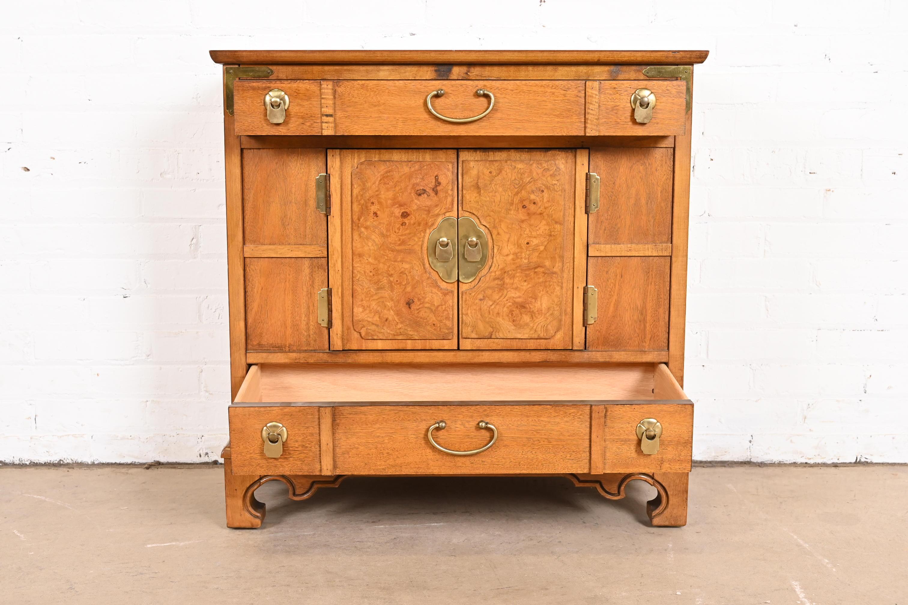 Mid-20th Century Thomasville Hollywood Regency Chinoiserie Burl Wood Commode or Bar Cabinet For Sale