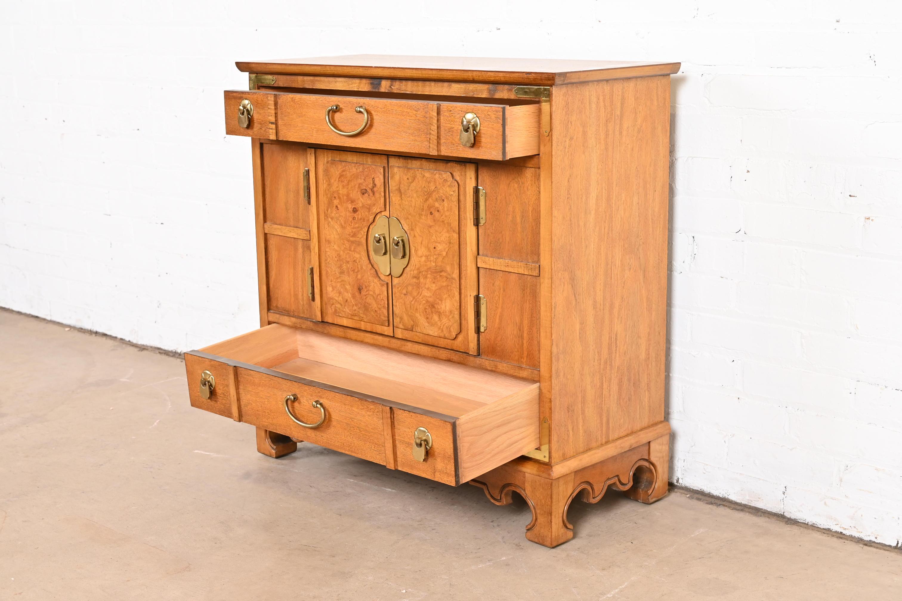 Brass Thomasville Hollywood Regency Chinoiserie Burl Wood Commode or Bar Cabinet For Sale