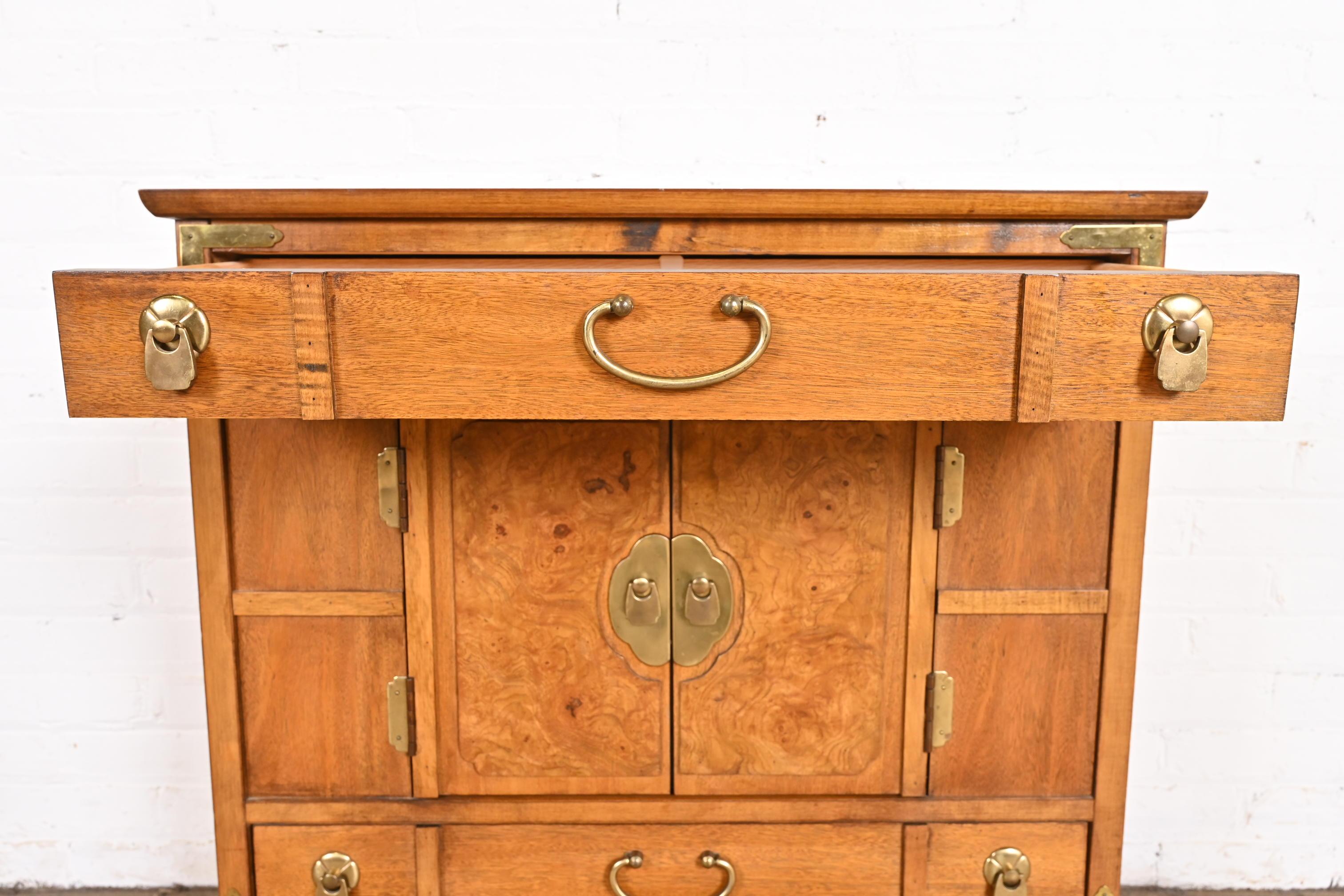 Thomasville Hollywood Regency Chinoiserie Burl Wood Commode or Bar Cabinet For Sale 1