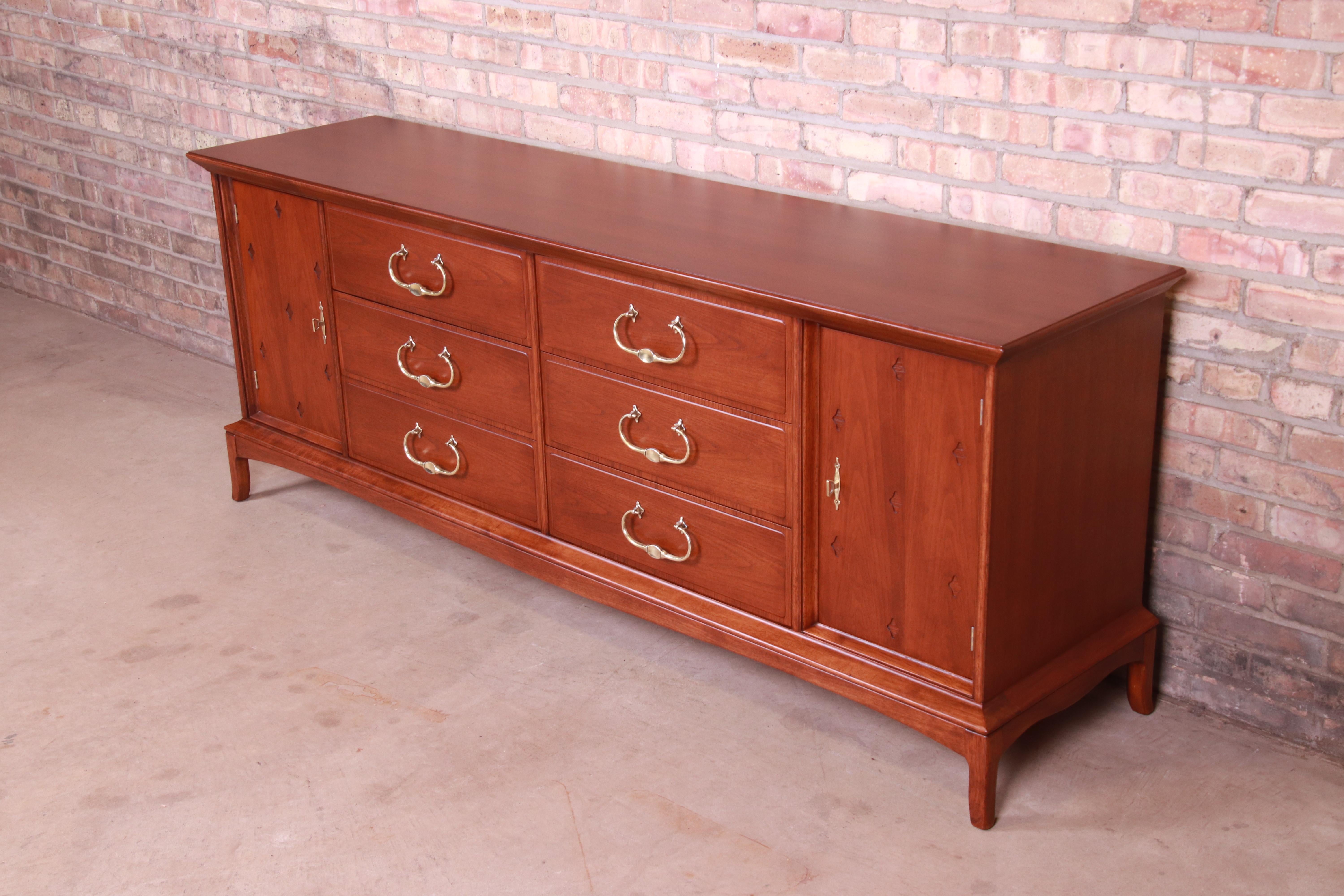 American Thomasville Hollywood Regency Chinoiserie Walnut Dresser or Credenza, Refinished For Sale