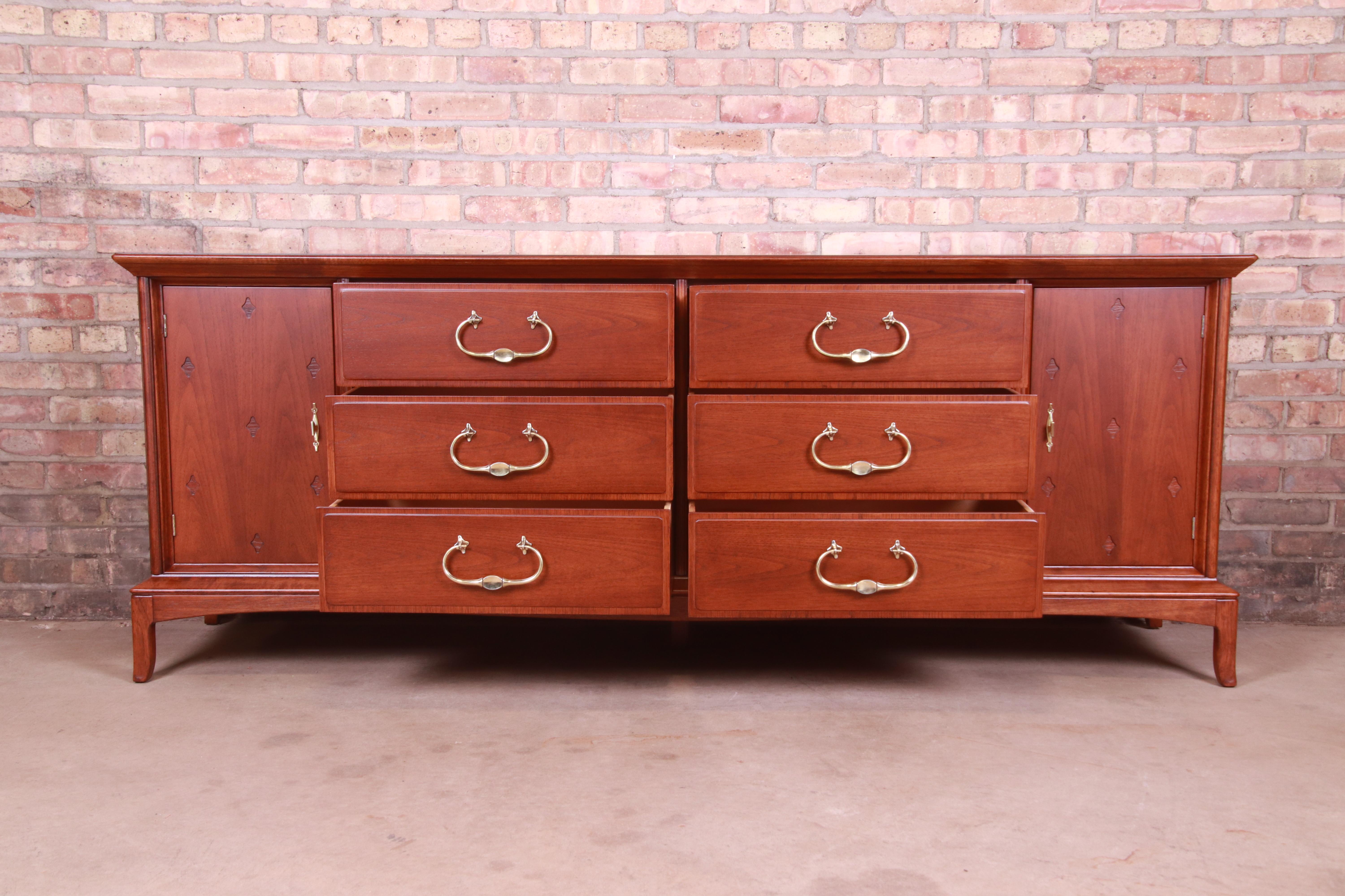 Thomasville Hollywood Regency Chinoiserie Walnut Dresser or Credenza, Refinished For Sale 1