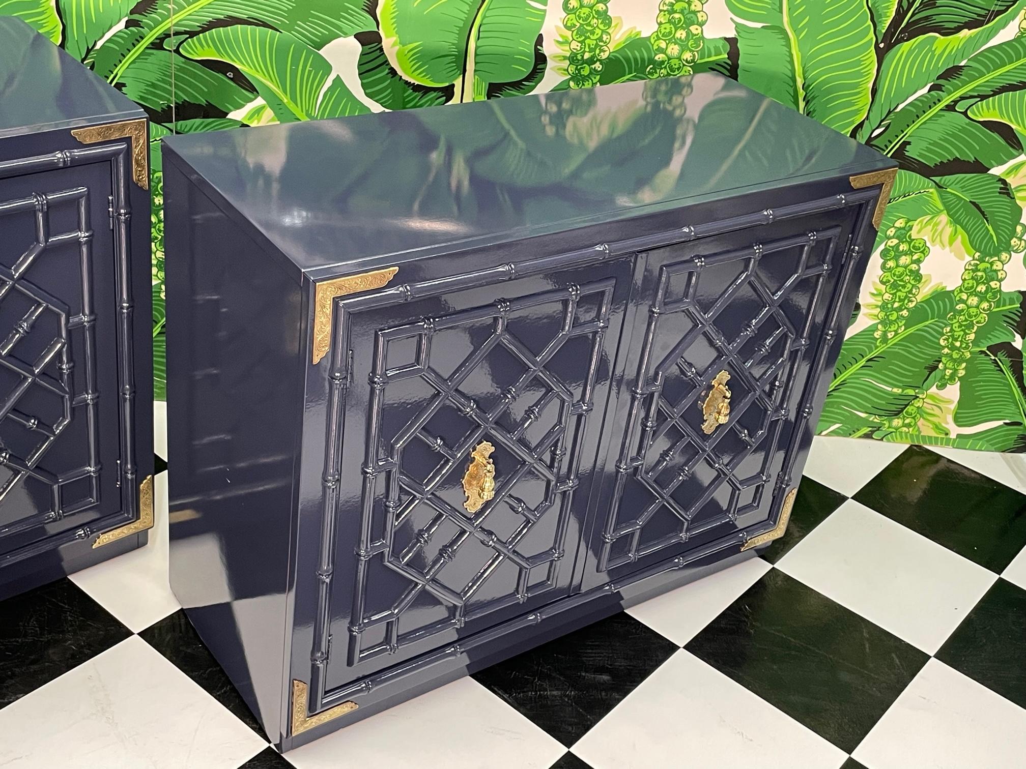 Hollywood Regency Thomasville Huntley Faux Bamboo Chinoiserie Campaign Cabinets For Sale