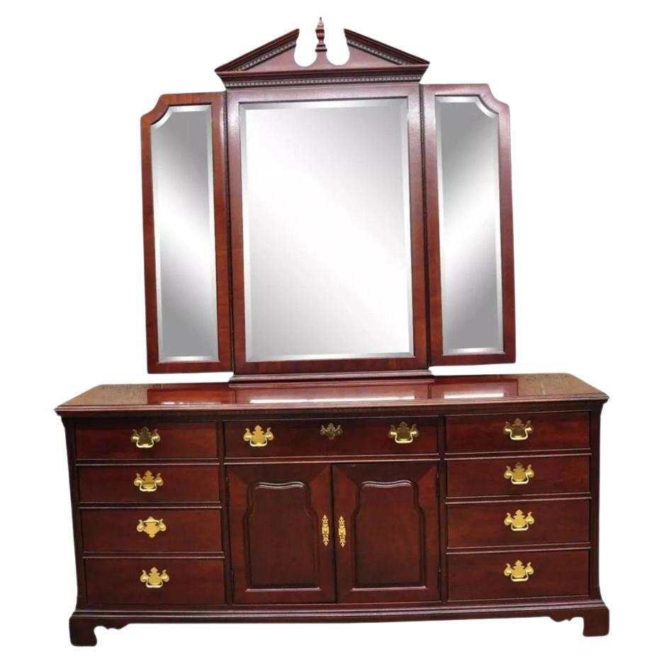 Thomasville Mahogany Collection Chippendale Style Long Dresser and Triple Mirror