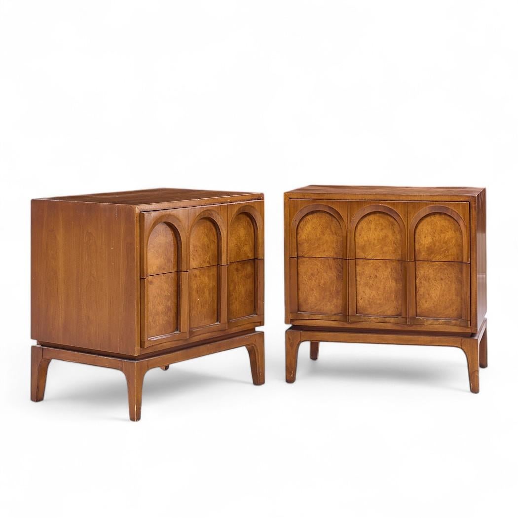Thomasville Mid Century Arched Walnut and Burlwood Nightstands - Pair

Each nightstand measures: 24 wide x 17.5 deep x 24 inches high

All pieces of furniture can be had in what we call restored vintage condition. That means the piece is restored