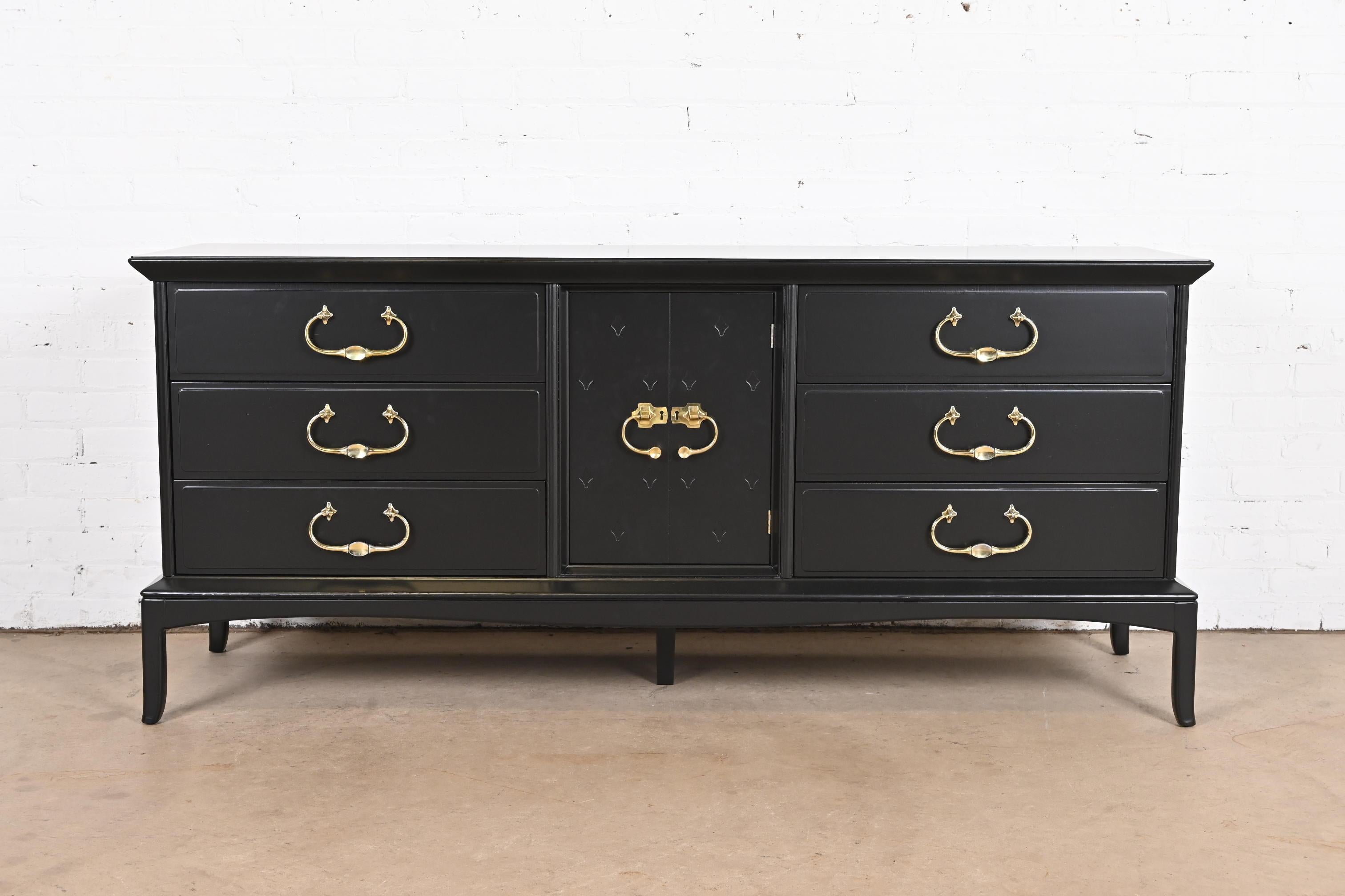 Mid-Century Modern Thomasville Mid-Century Hollywood Regency Black Lacquered Dresser, Refinished