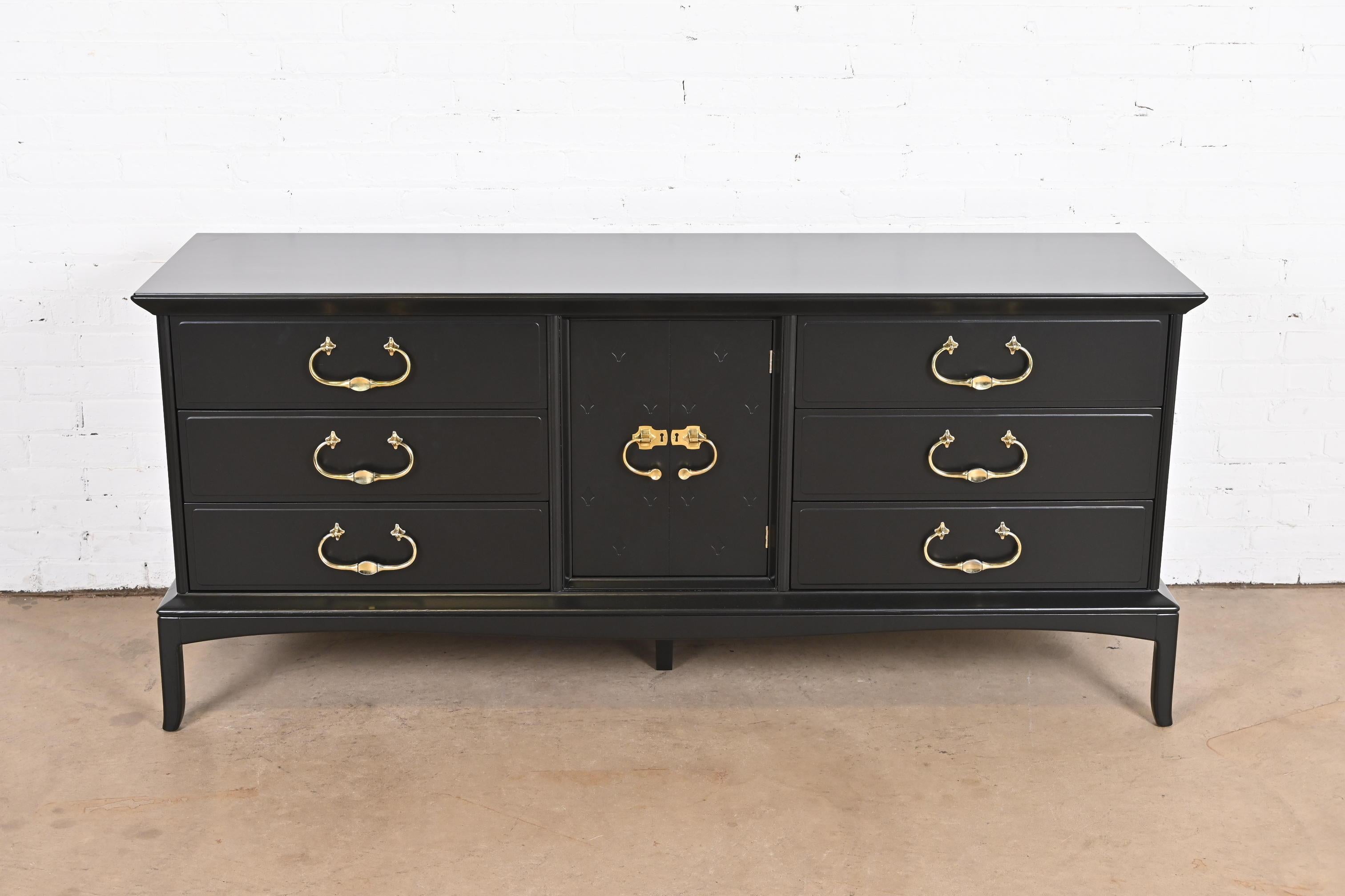 American Thomasville Mid-Century Hollywood Regency Black Lacquered Dresser, Refinished