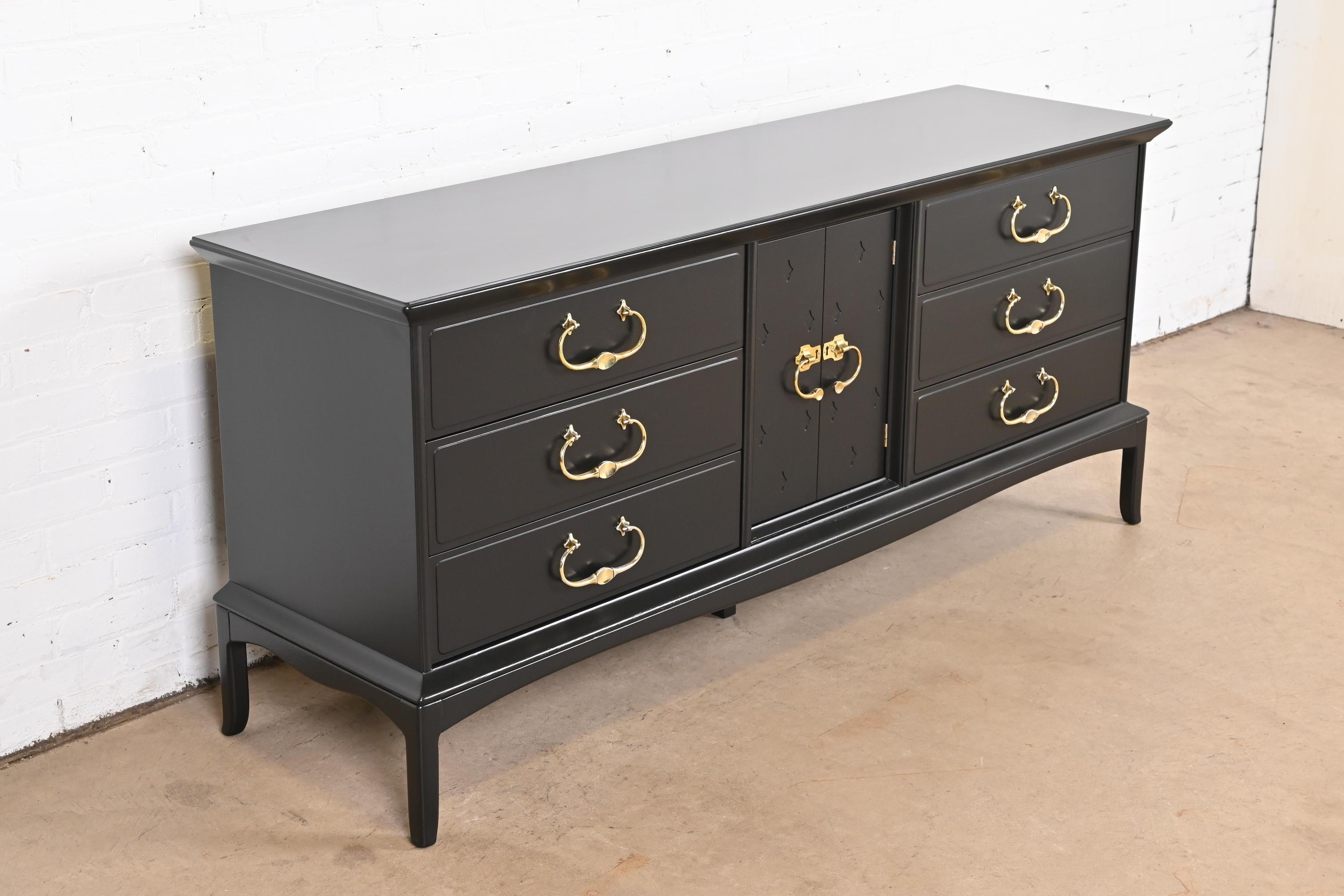 Mid-20th Century Thomasville Mid-Century Hollywood Regency Black Lacquered Dresser, Refinished
