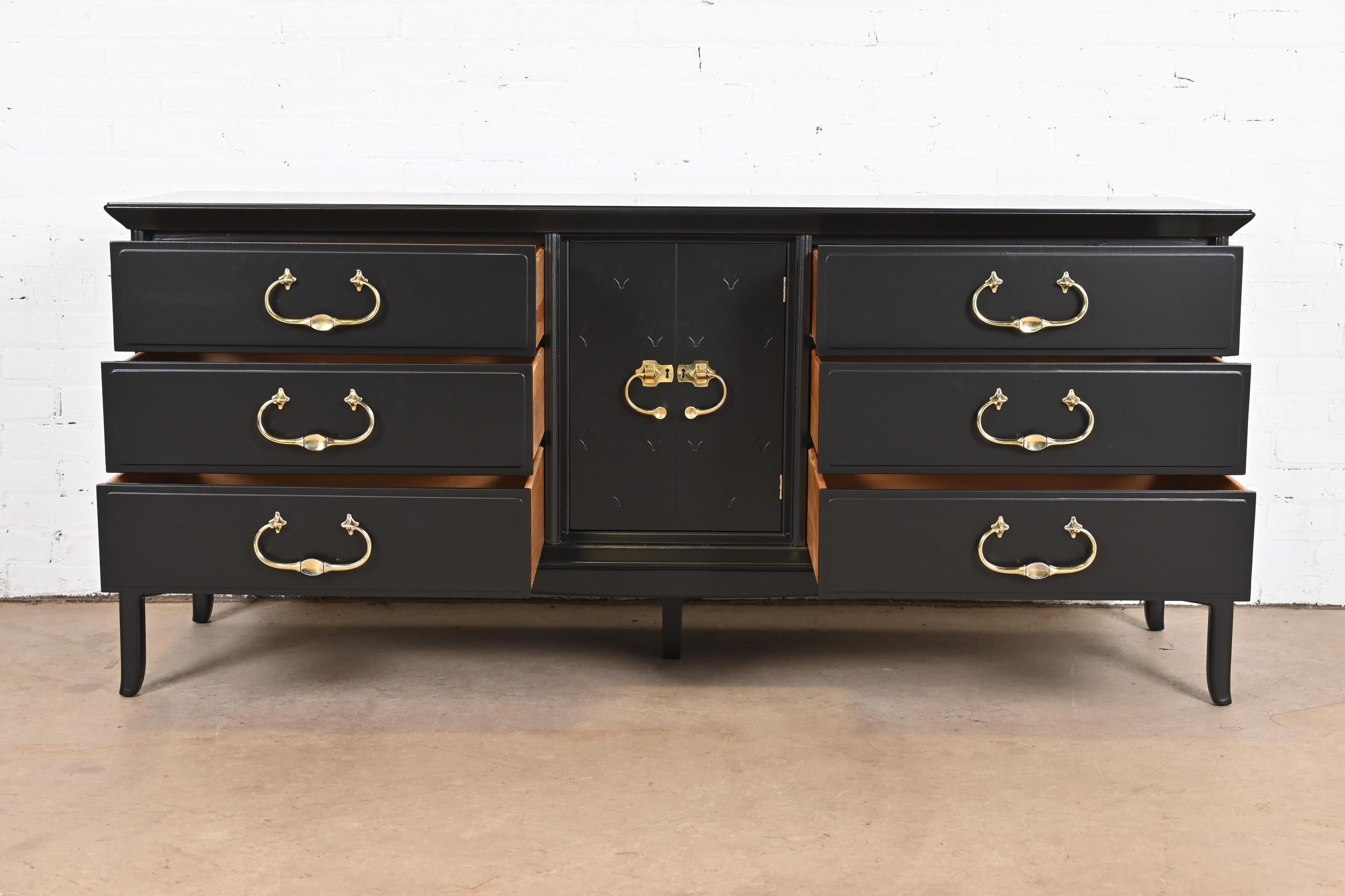 Brass Thomasville Mid-Century Hollywood Regency Black Lacquered Dresser, Refinished