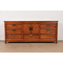 Thomasville Mid-Century Hollywood Regency Burl Wood Long Dresser, Circa 1970s