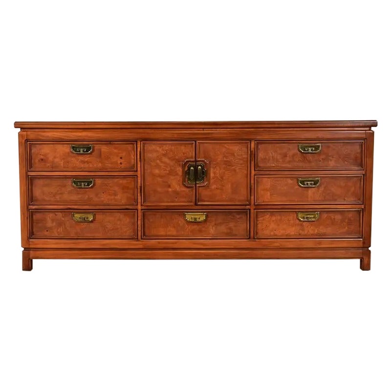 Thomasville Mid-Century Hollywood Regency Burl Wood Long Dresser, Circa 1970s For Sale
