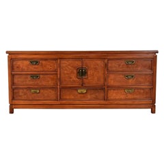 Thomasville Mid-Century Hollywood Regency Burl Wood Long Dresser, Circa 1970s
