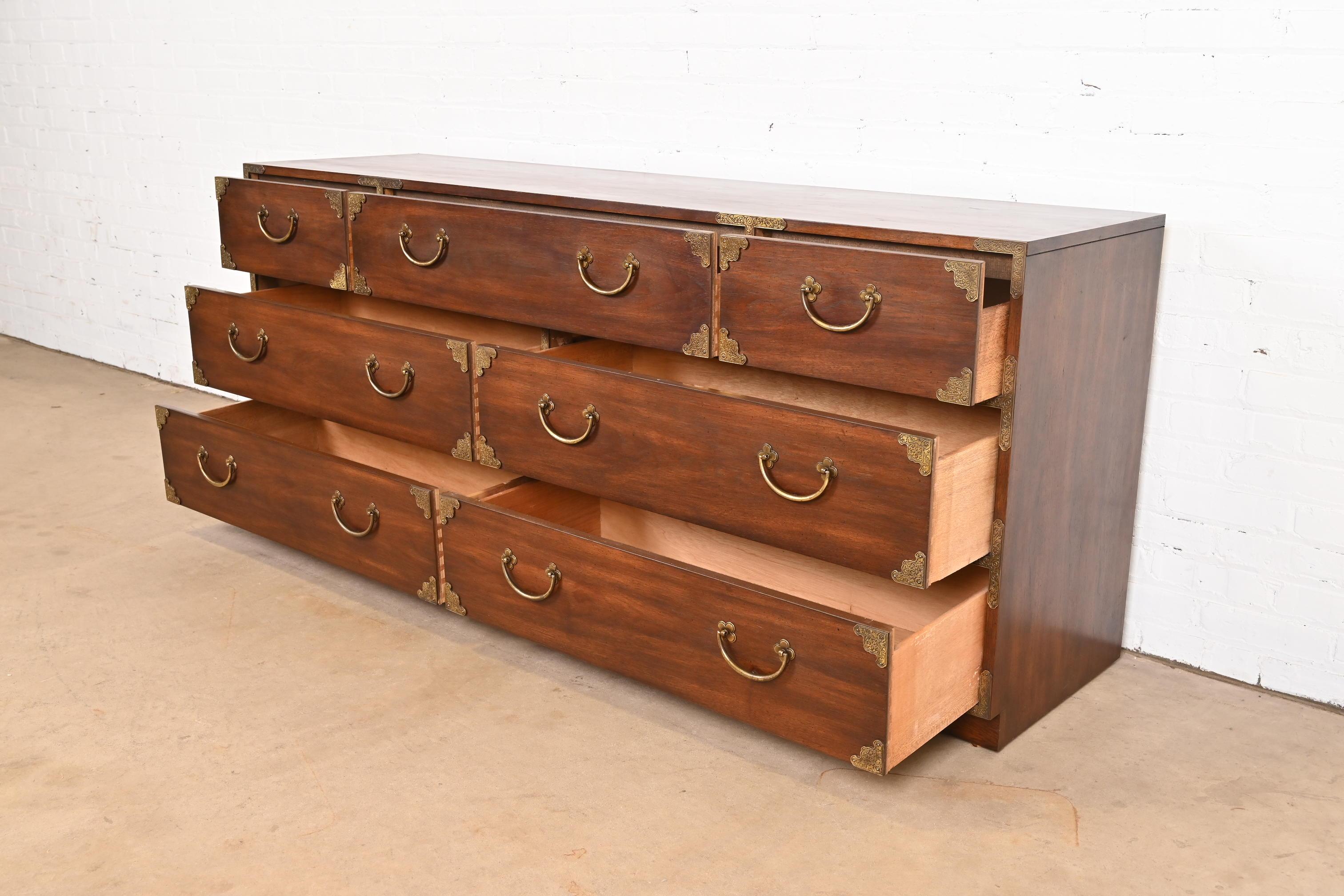 Thomasville Mid-Century Hollywood Regency Campaign Walnut Dresser or Credenza For Sale 3