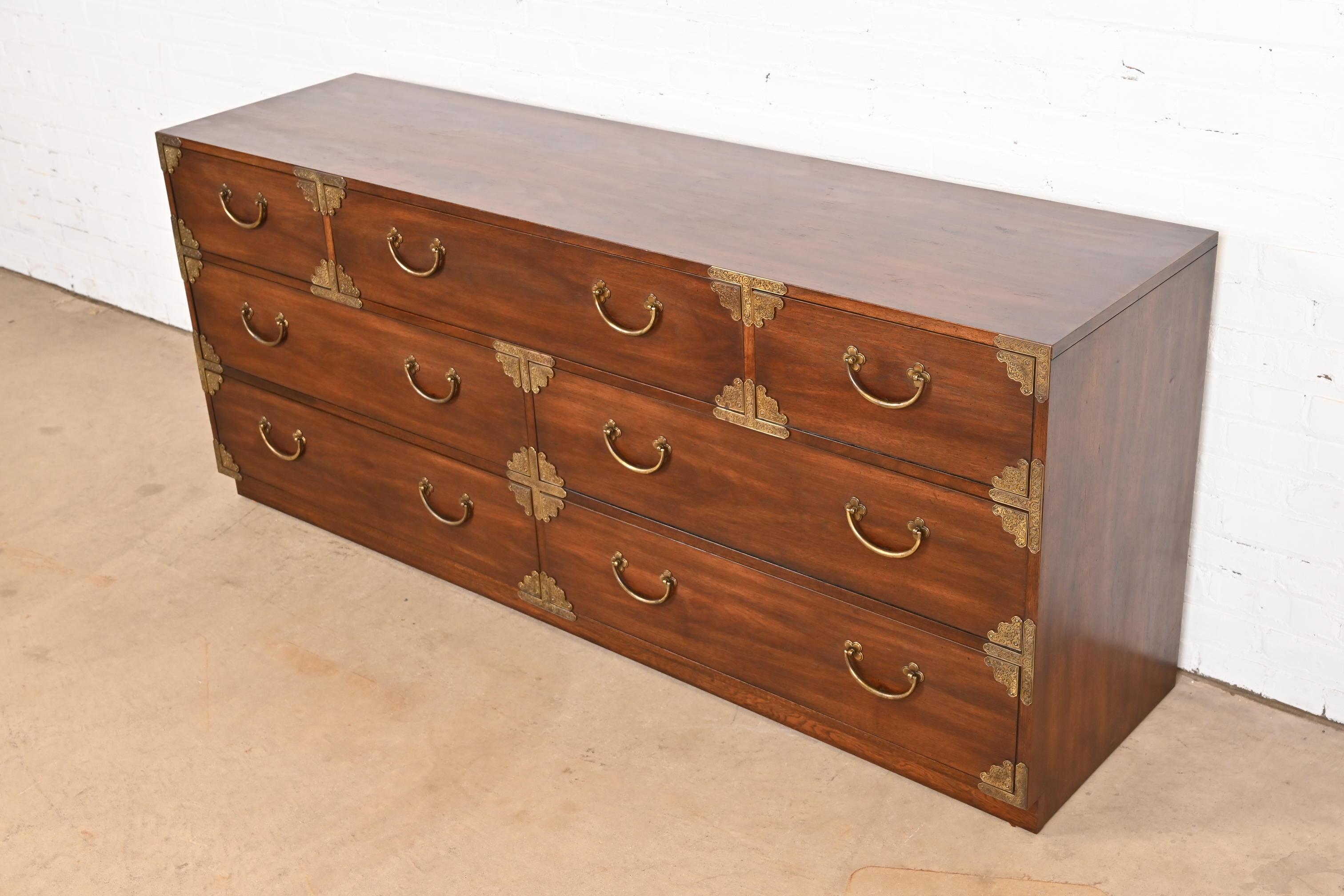 American Thomasville Mid-Century Hollywood Regency Campaign Walnut Dresser or Credenza For Sale